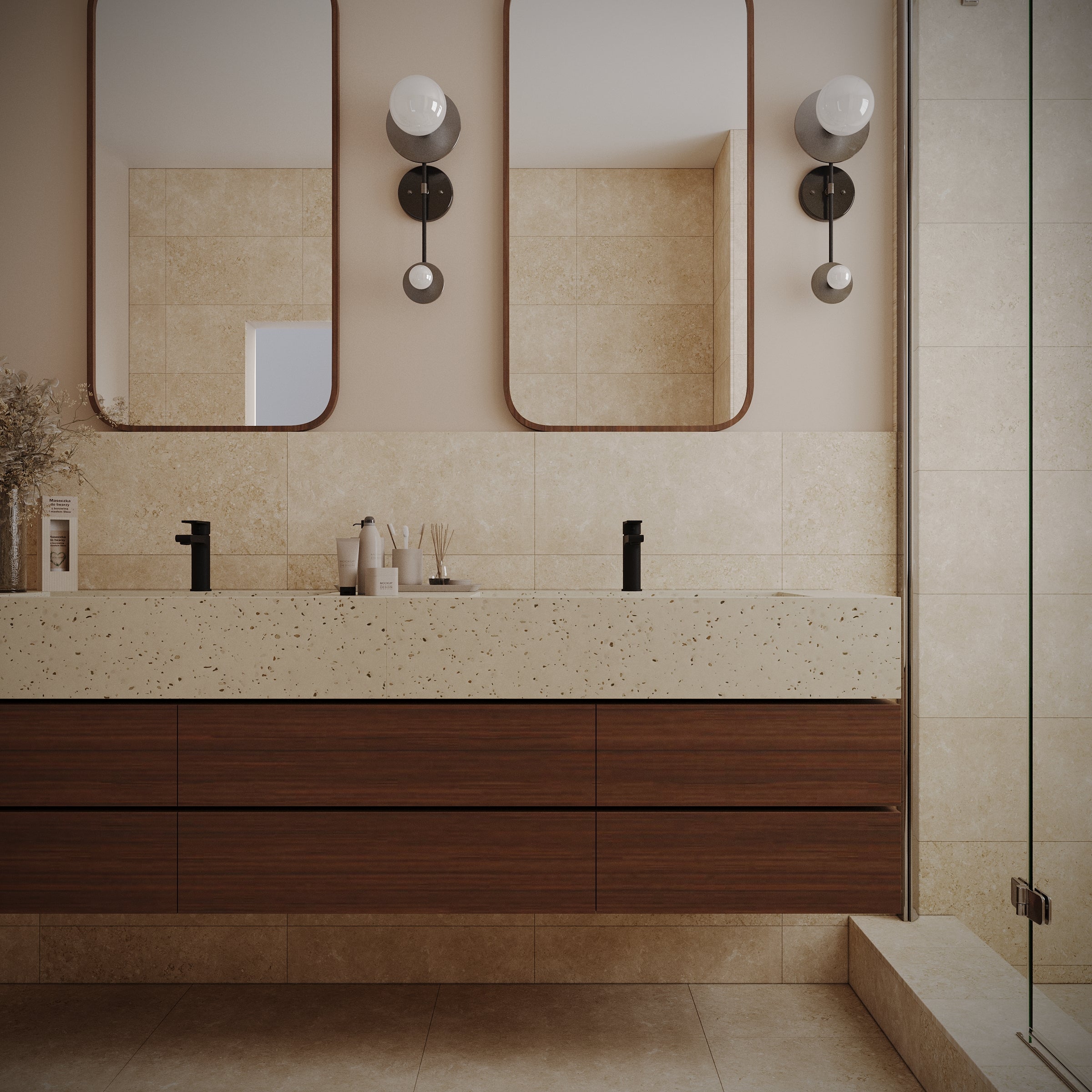 Modern bathroom with beige large format ceramic tiles, floating wood vanity, double sinks, and rounded mirrors with sconces