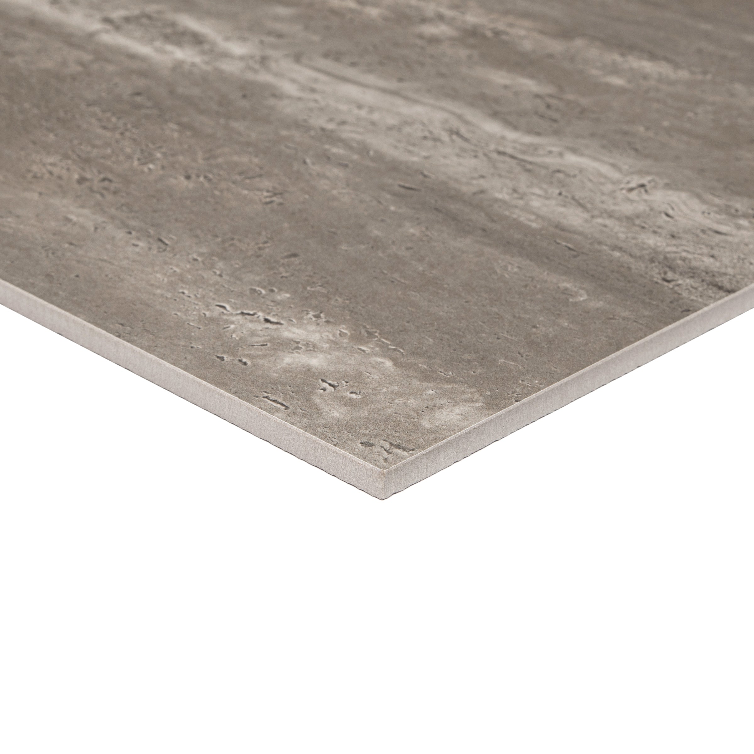 Fuscus 24x48 Travertine Stone Look Porcelain Tile in brown and taupe from Stone Editions Porcelain Tile collection