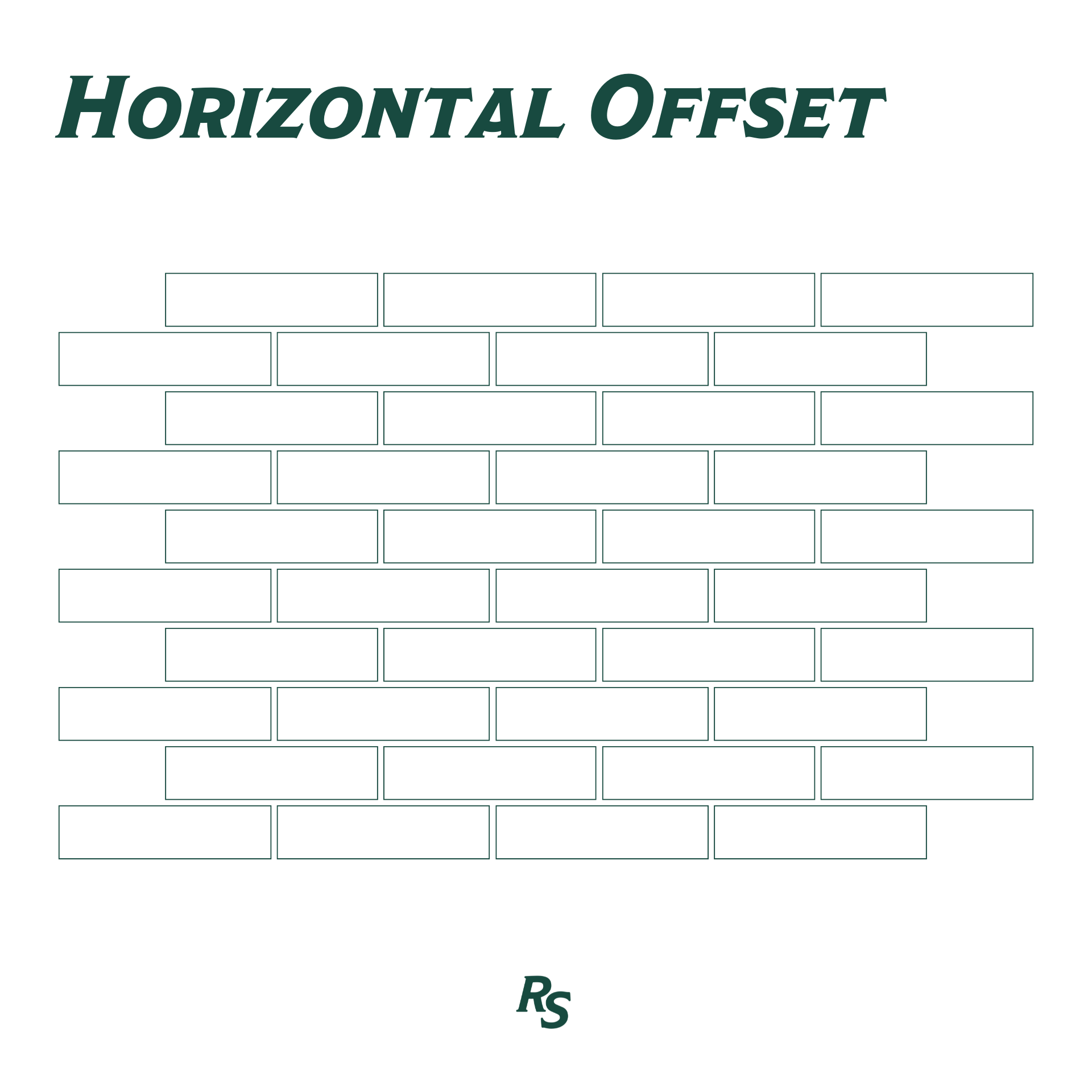 Outline of rectangular tiles arranged in horizontal offset pattern with bold title and RS logo beneath in minimalist style