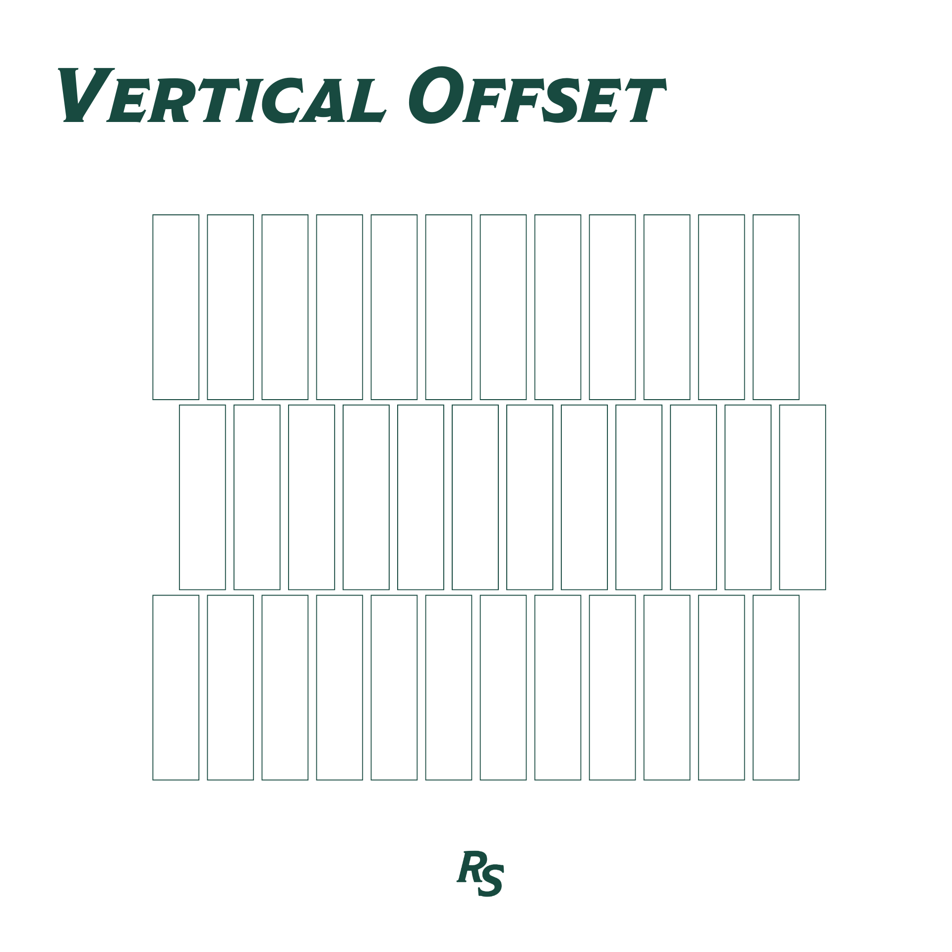 Line drawing of a vertical offset pattern with rectangular tiles arranged in staggered rows above the Reno Source initials