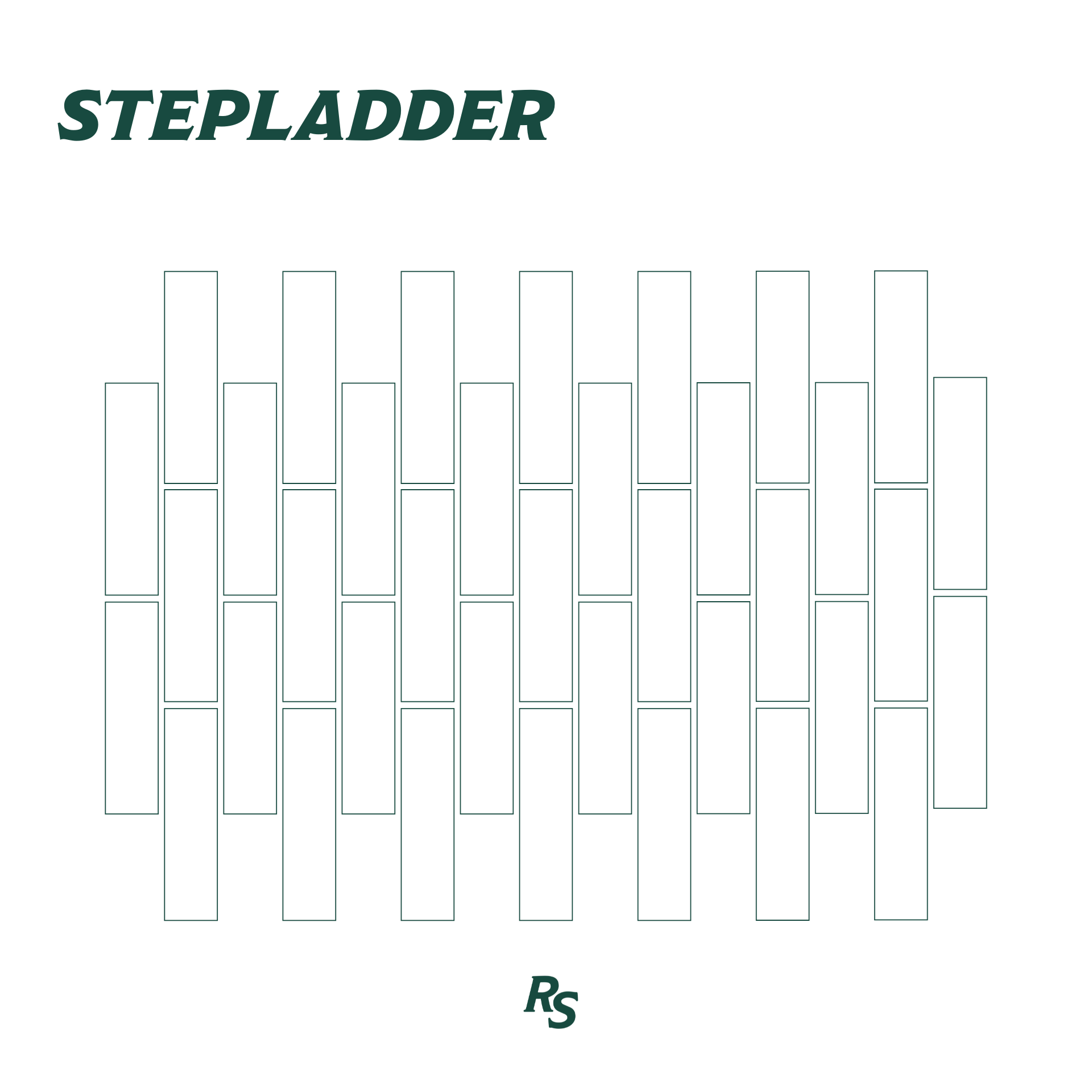 Outline illustration of rectangular tile layout in a stepped pattern with stylized Stepladder text and RS logo above and below