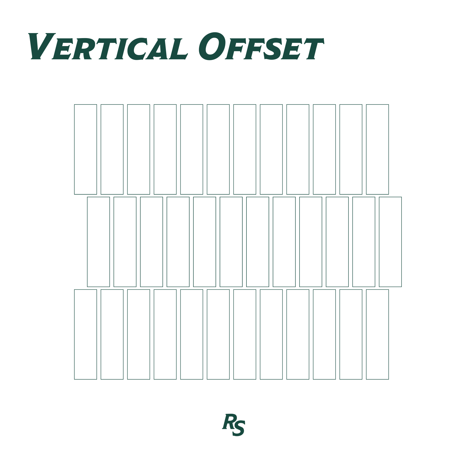 Clean line drawing of rectangular tiles arranged in a vertical offset pattern with stylized text and RS logo above and below