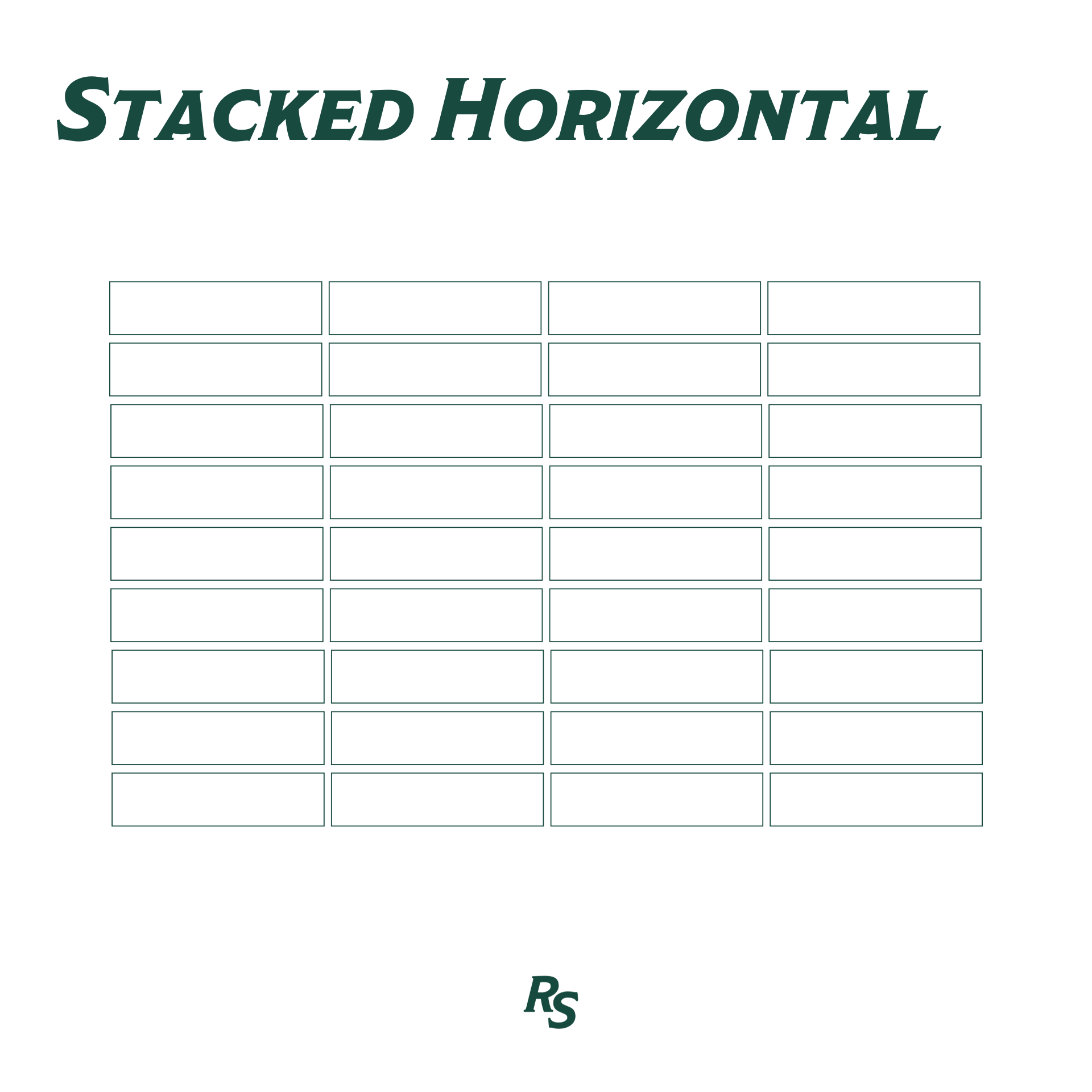 Simple outline of rectangular tiles arranged in a clean stacked horizontal layout with stylized text and RS logo above and below