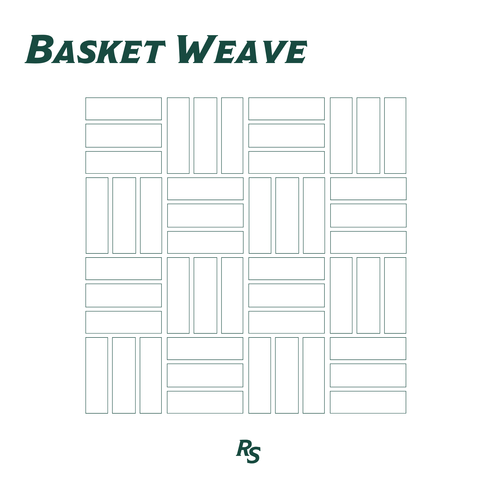 Line drawing of a basket weave tile pattern with rectangular outlines arranged in a woven grid style and stylized text above