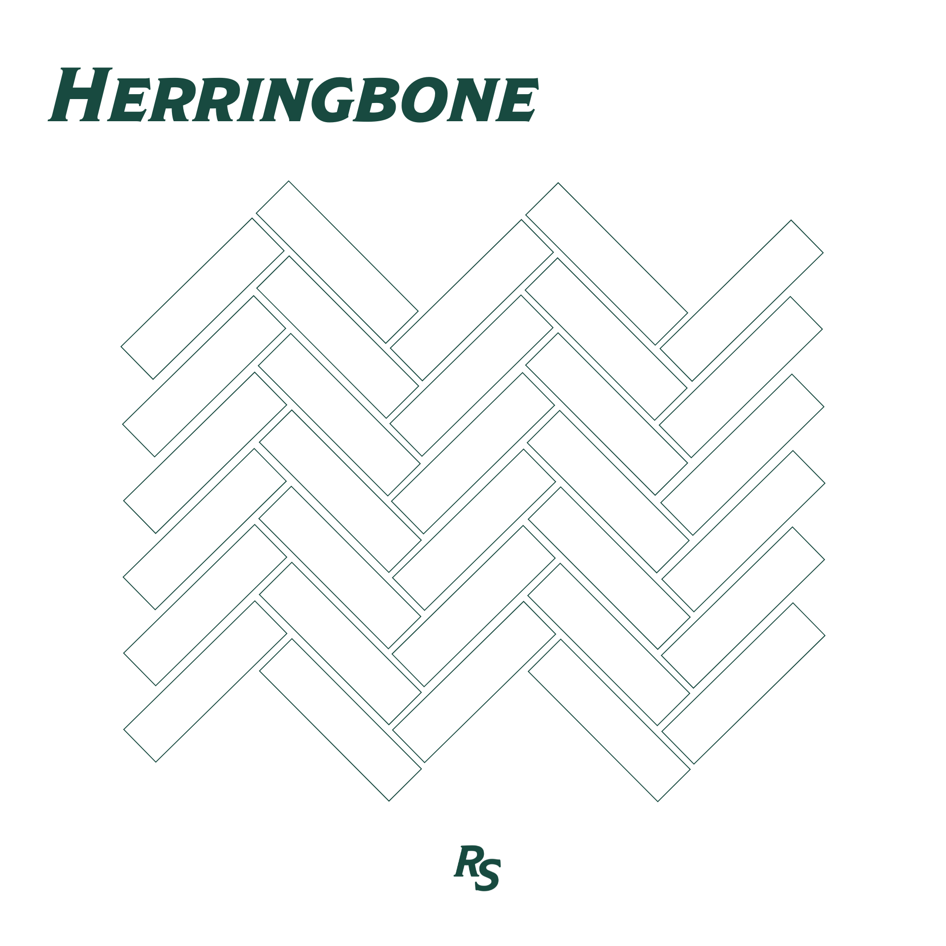 Minimalist outline of rectangular tiles arranged in a classic herringbone pattern with stylized Herringbone text and RS logo below