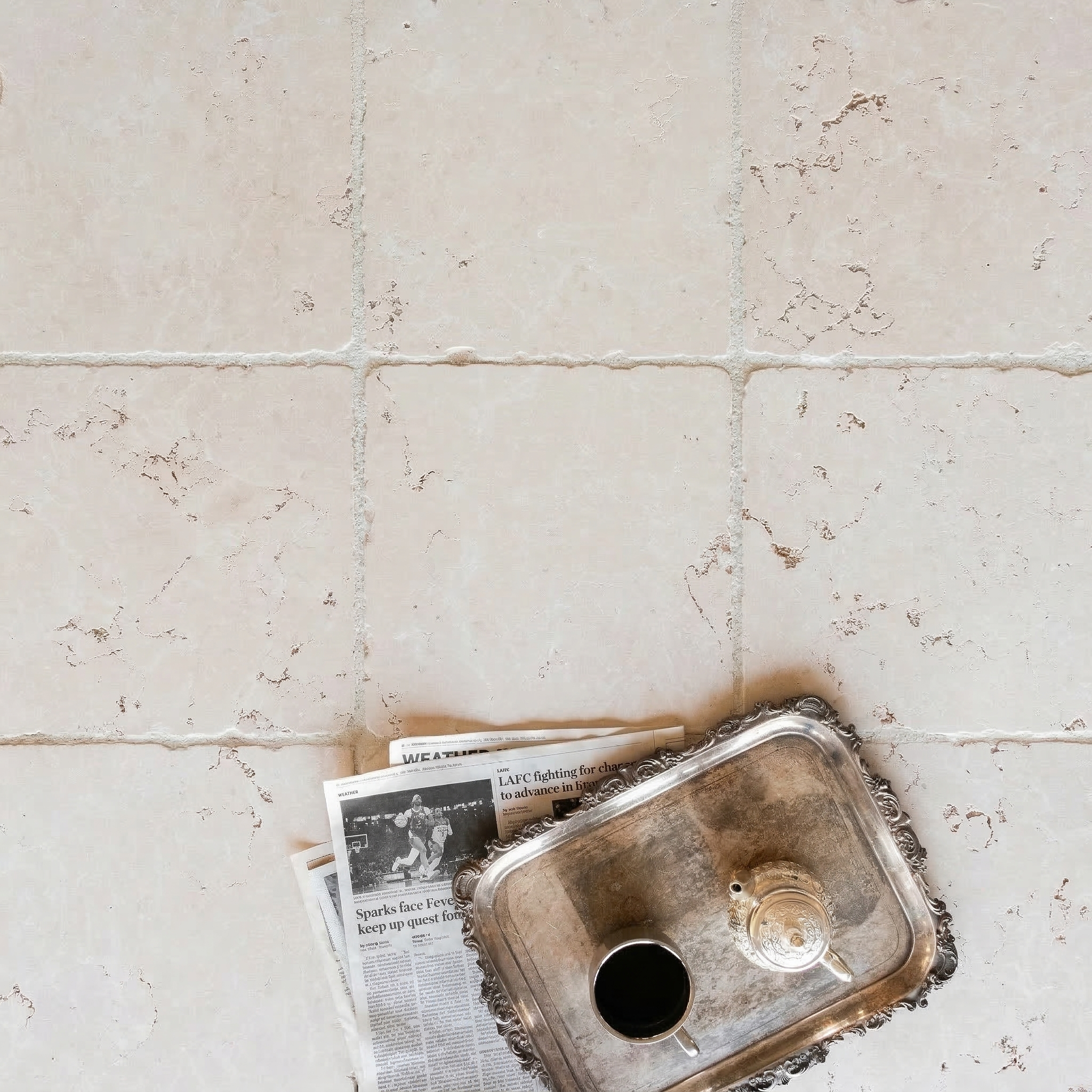 Creamy beige tumbled stone tiles with natural mottling beneath a vintage silver tray holding newspaper and a small cup