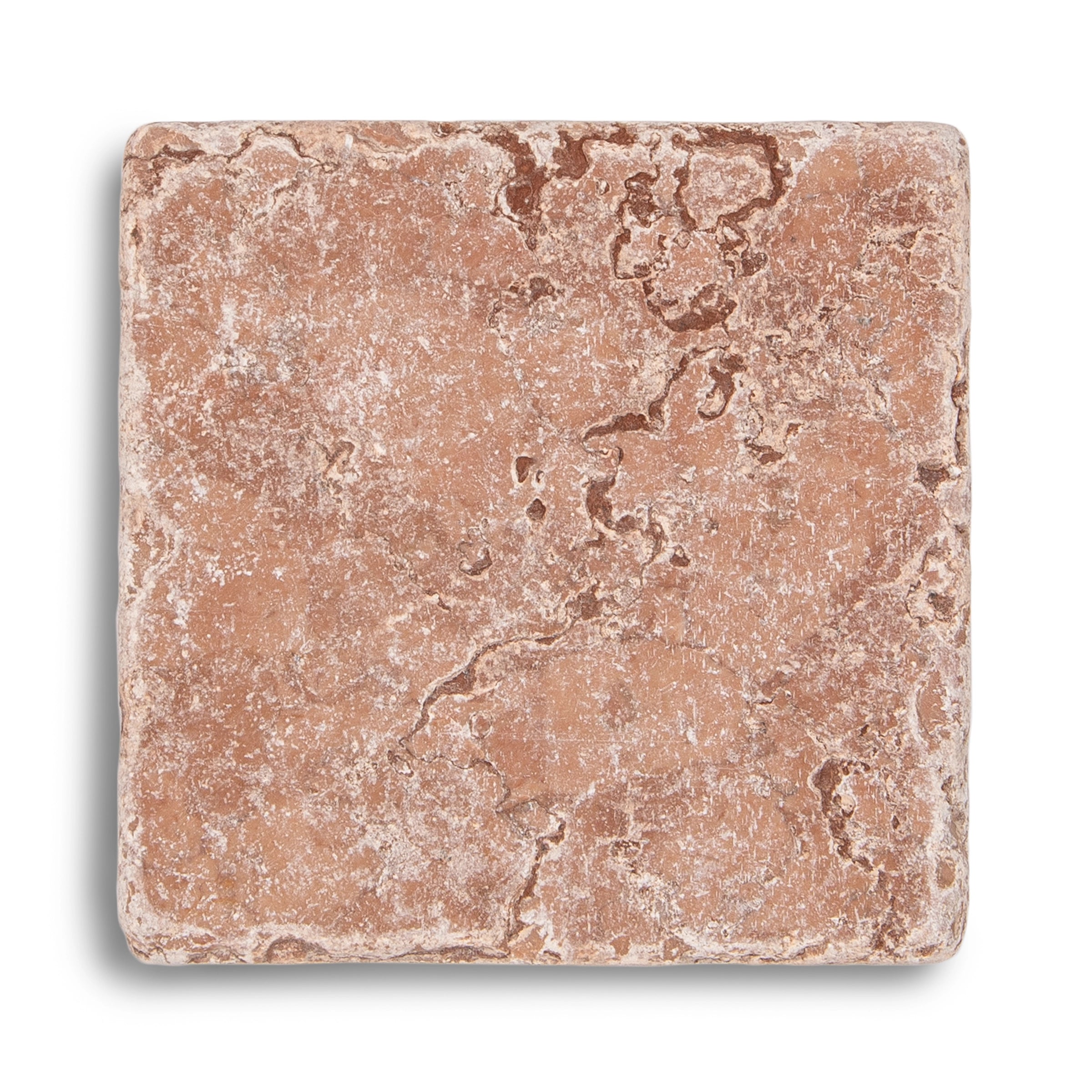 Square tumbled marble tile in warm reddish-brown tones with natural texture and subtle weathered appearance