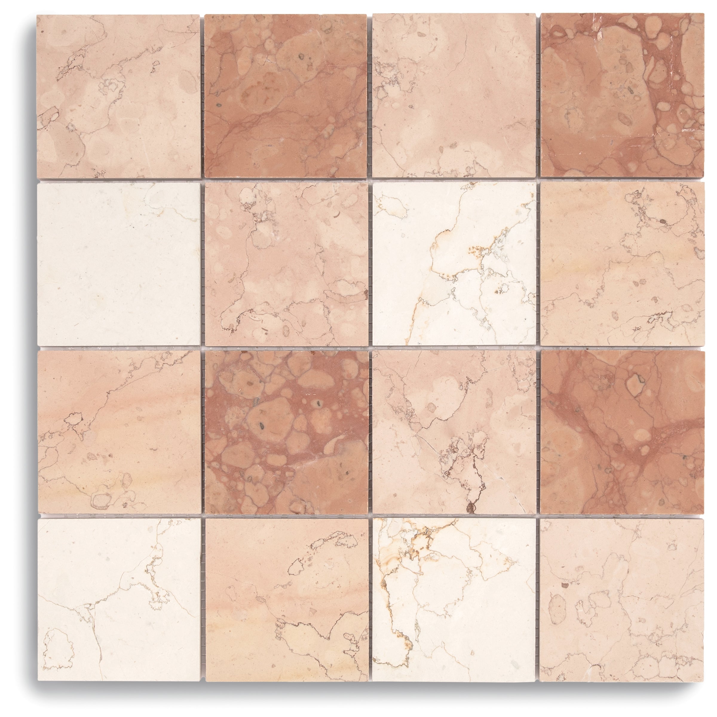 Grid of square ceramic tiles in soft pink, beige, and cream marble tones with natural veining patterns