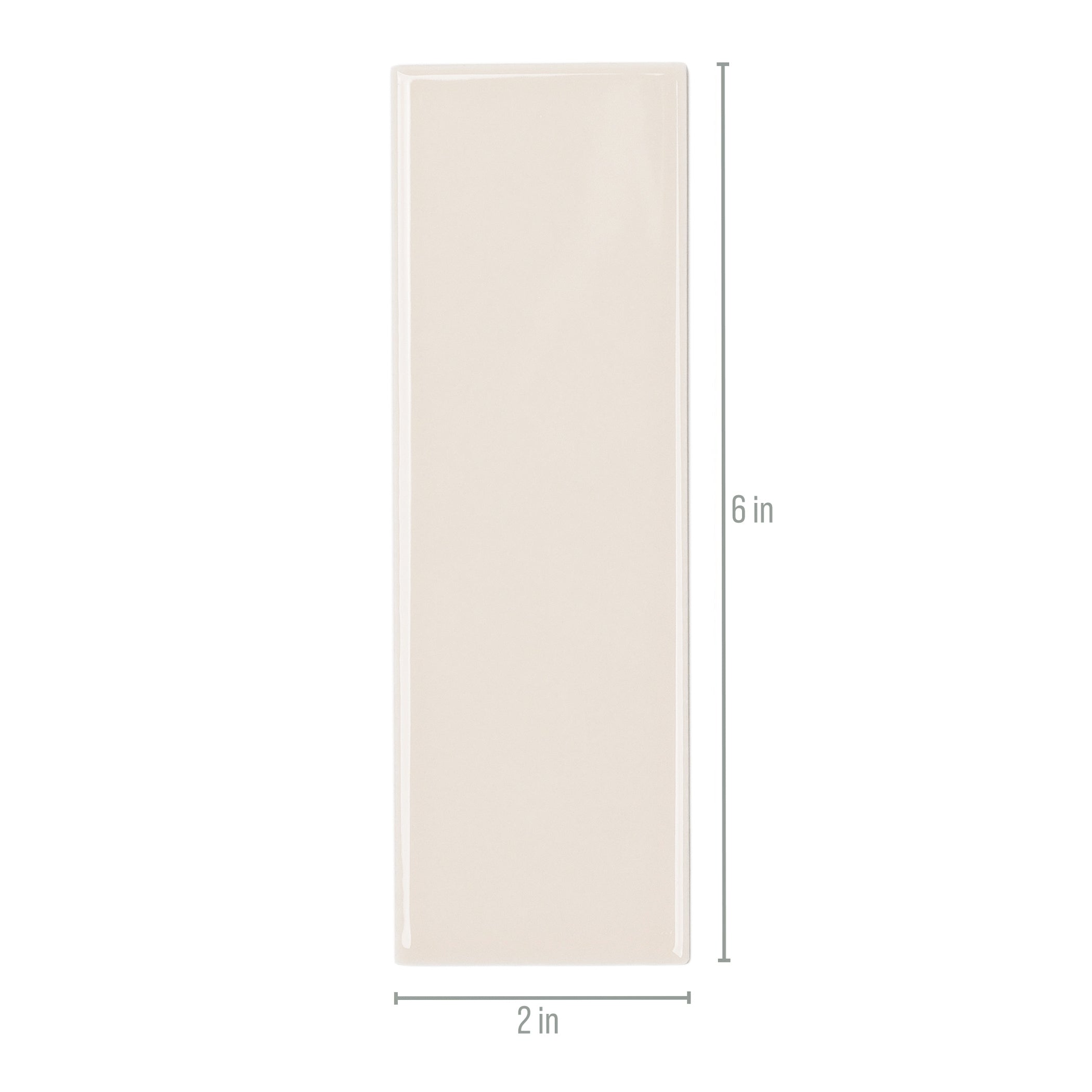 Glossy rectangular porcelain tile in a soft sandy beige tone with subtle shine and smooth edges on white background