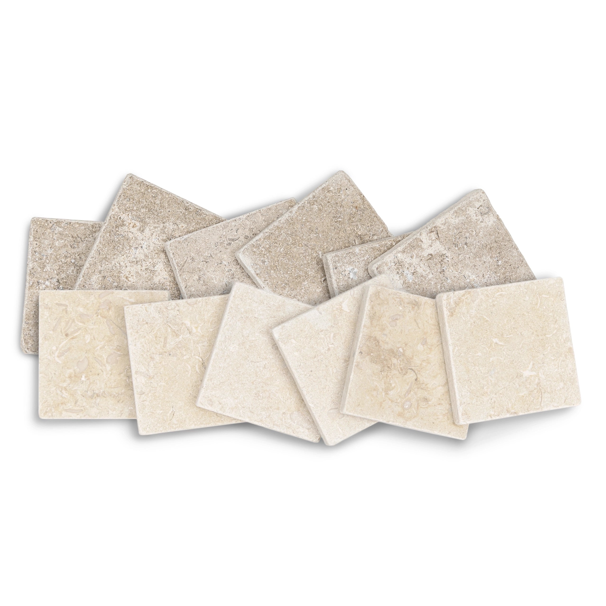 Stack of square tumbled stone tiles in warm beige and sandy taupe with subtle fossil and mineral surface details