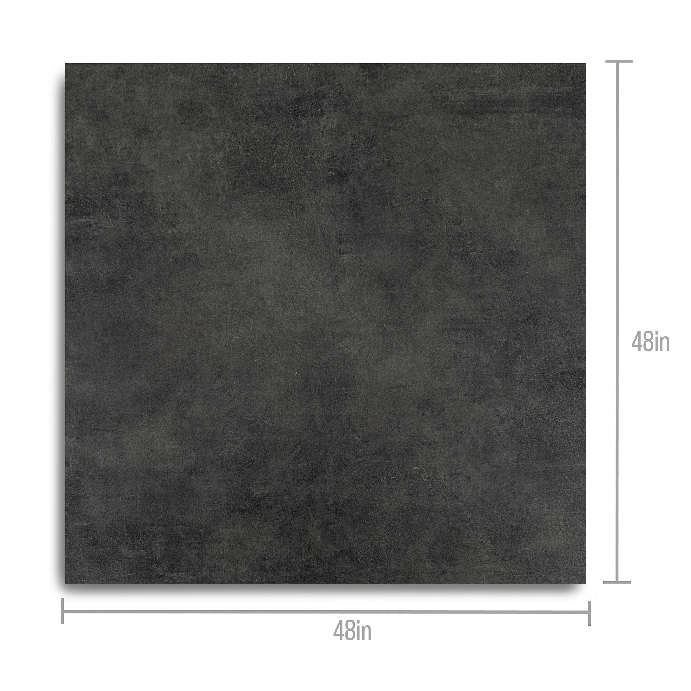 Measurement diagram showing a dark gray square tile measuring 48 inches wide and tall