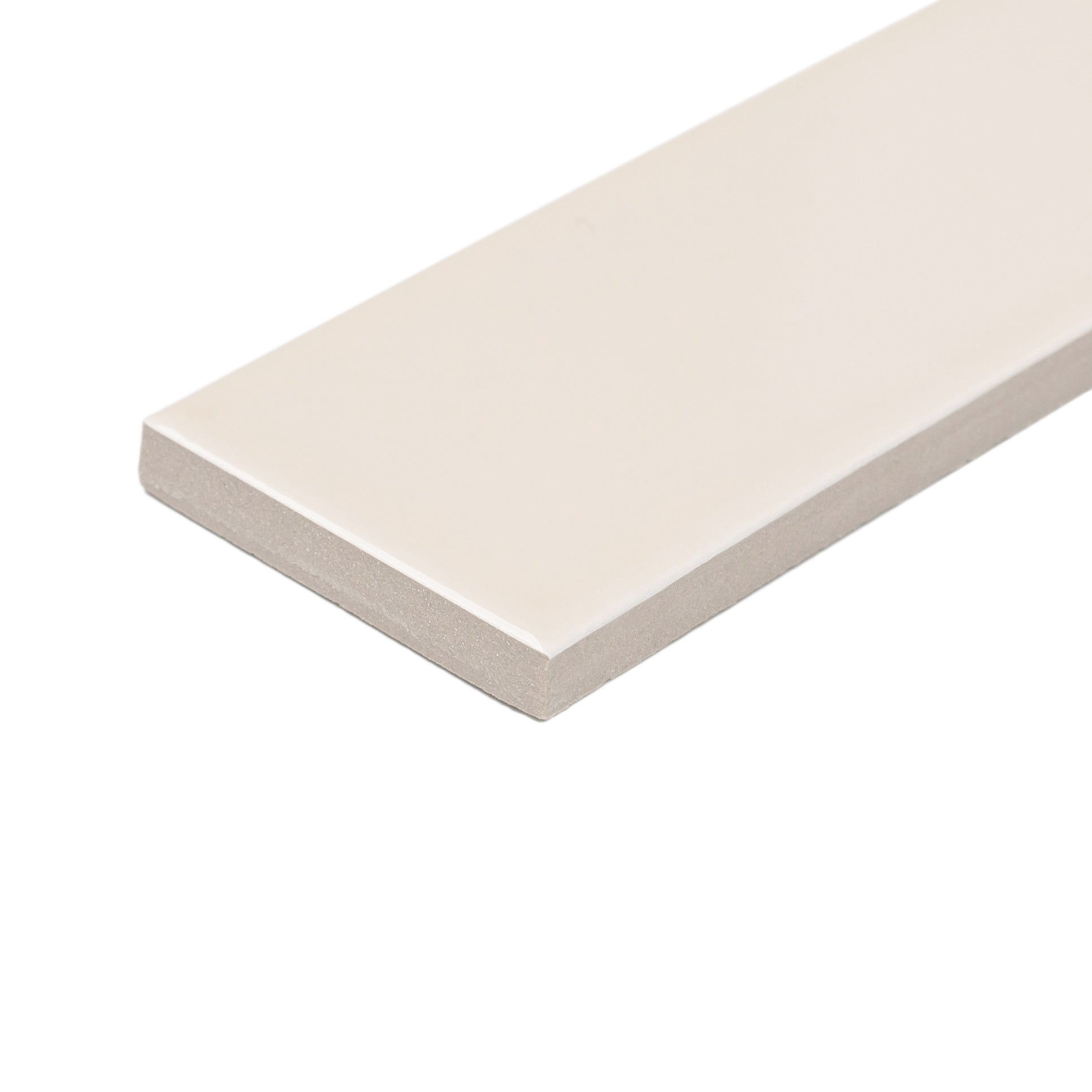 Glossy porcelain tile in a light beige tone with smooth surface and squared edges shown isolated on white background