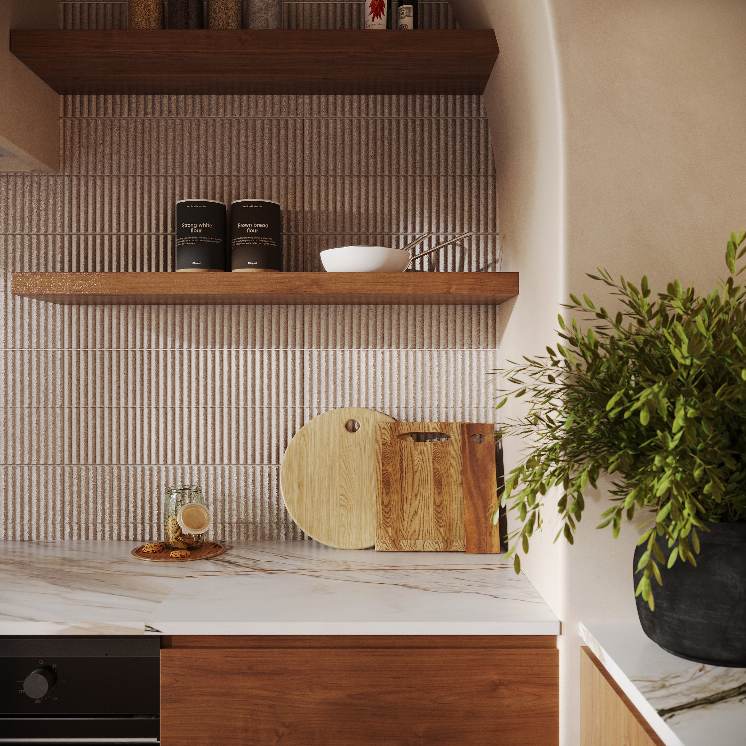 Close-up of a kitchen backsplash with narrow vertical beige tiles, wooden shelves, cutting boards, and green plant on the counter