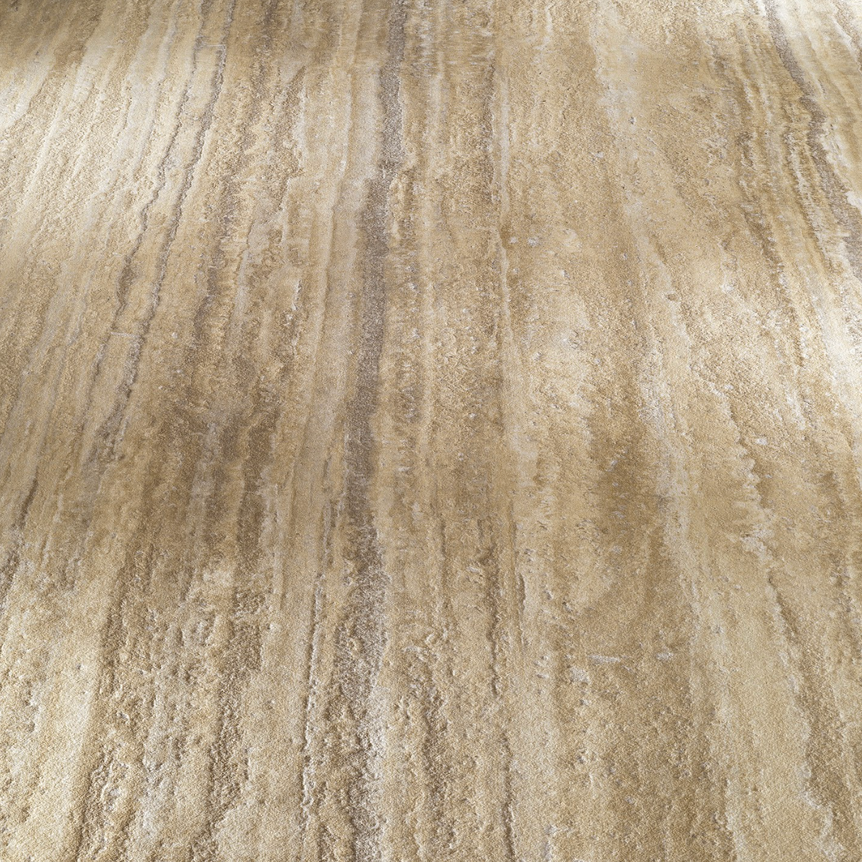 Close-up view of beige and light brown natural stone flooring with textured, layered striations and subtle color variation