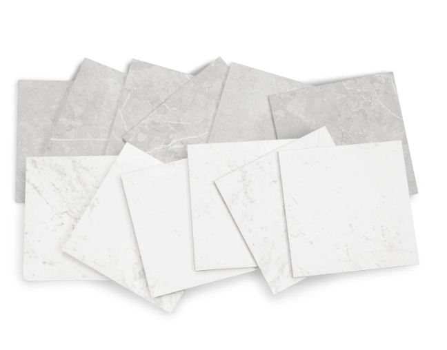 Carrara / Fior di Pesco Sample showing a variety of ceramic tile styles with subtle veining and neutral tones