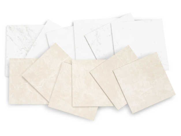 Carrara / Marfil Porcelain Tile Sample display featuring porcelain tiles from Porcelain and SAMPLES ONLY collections.