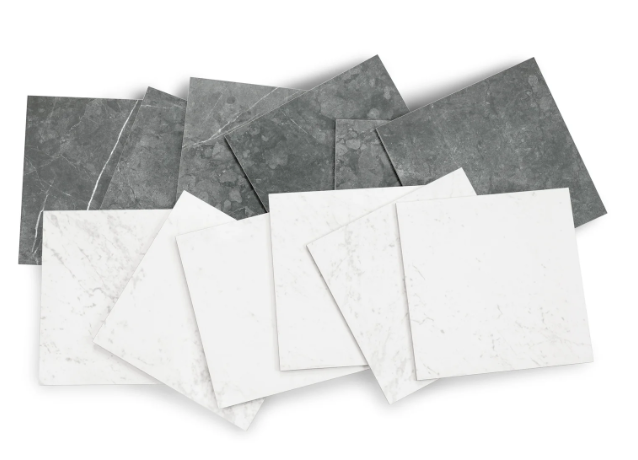 Carrara / Nero Marquina Porcelain Tile Sample collection with white and dark porcelain tile samples from Reno Source Porcelain SAMPLES ONLY