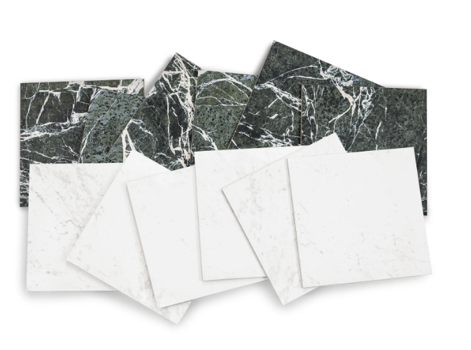 Carrara / Verde Alpi Porcelain Tile Sample showing white and dark green marble patterns with natural veining detail