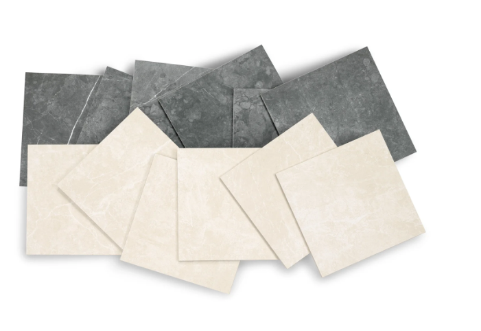 Marfil / Nero Marquina Tile Sample with cream and dark grey ceramic tiles, globally sourced for your imagination