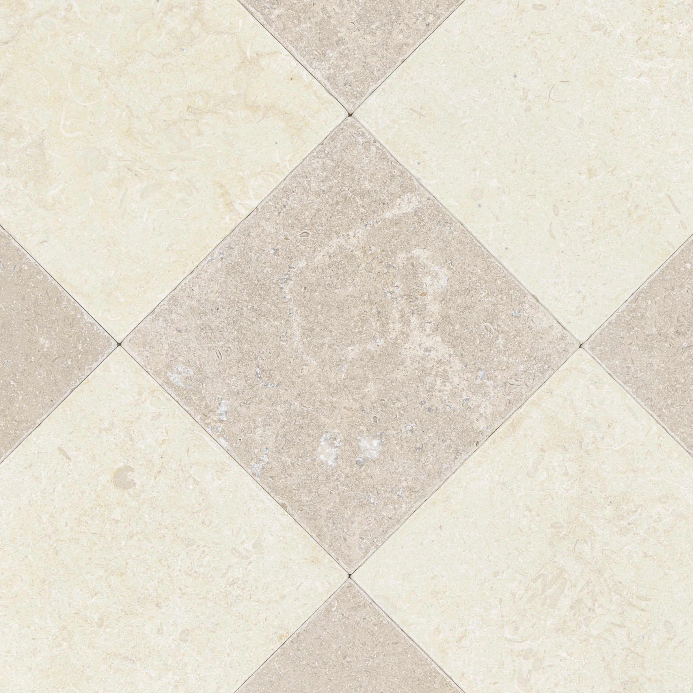 Checkerboard pattern of square stone tiles in soft beige and warm taupe with a smooth matte surface texture