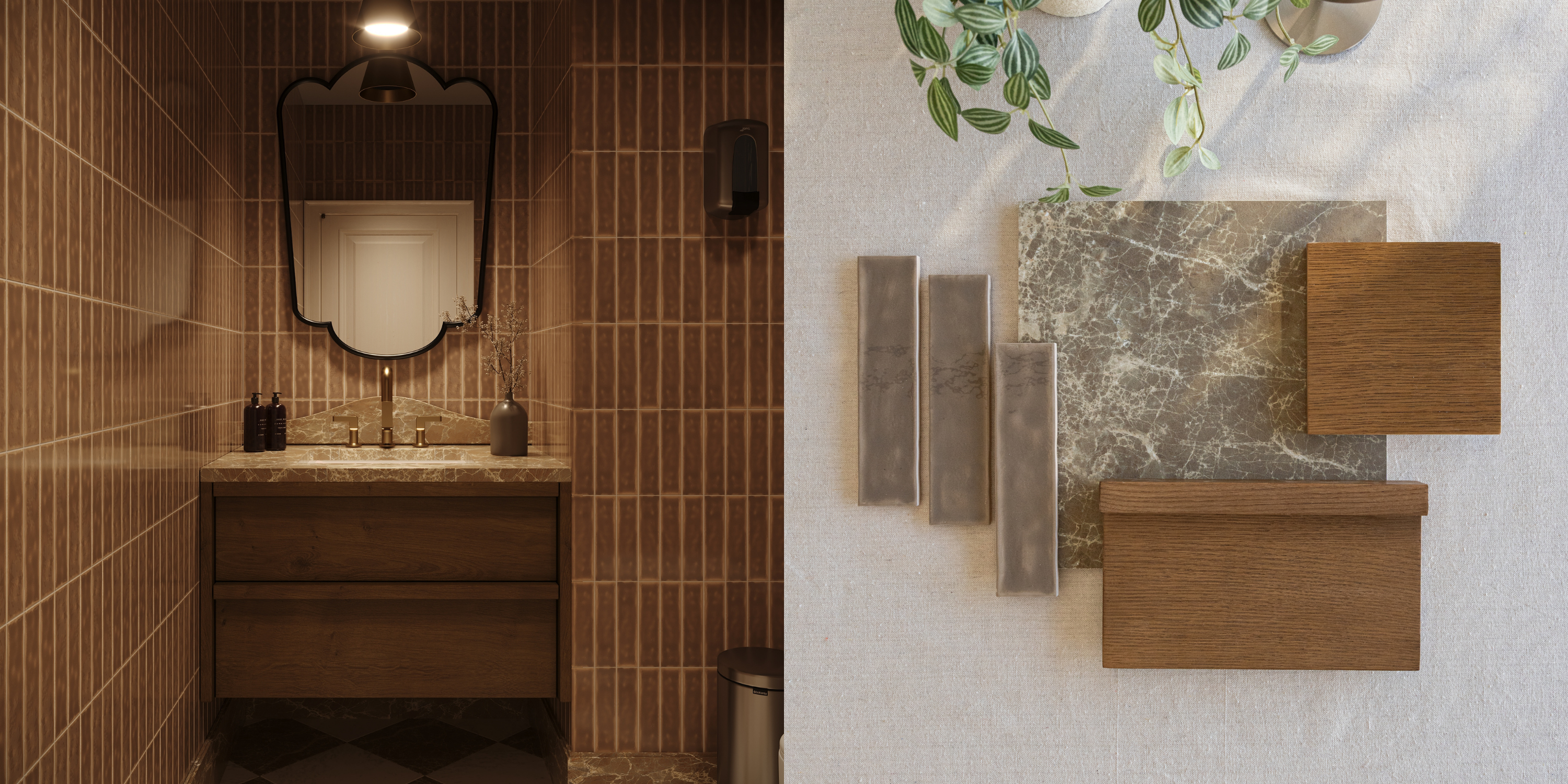 Modern bathroom vanity with wood cabinetry and tile walls alongside samples of tile, stone, and wood materials for design.