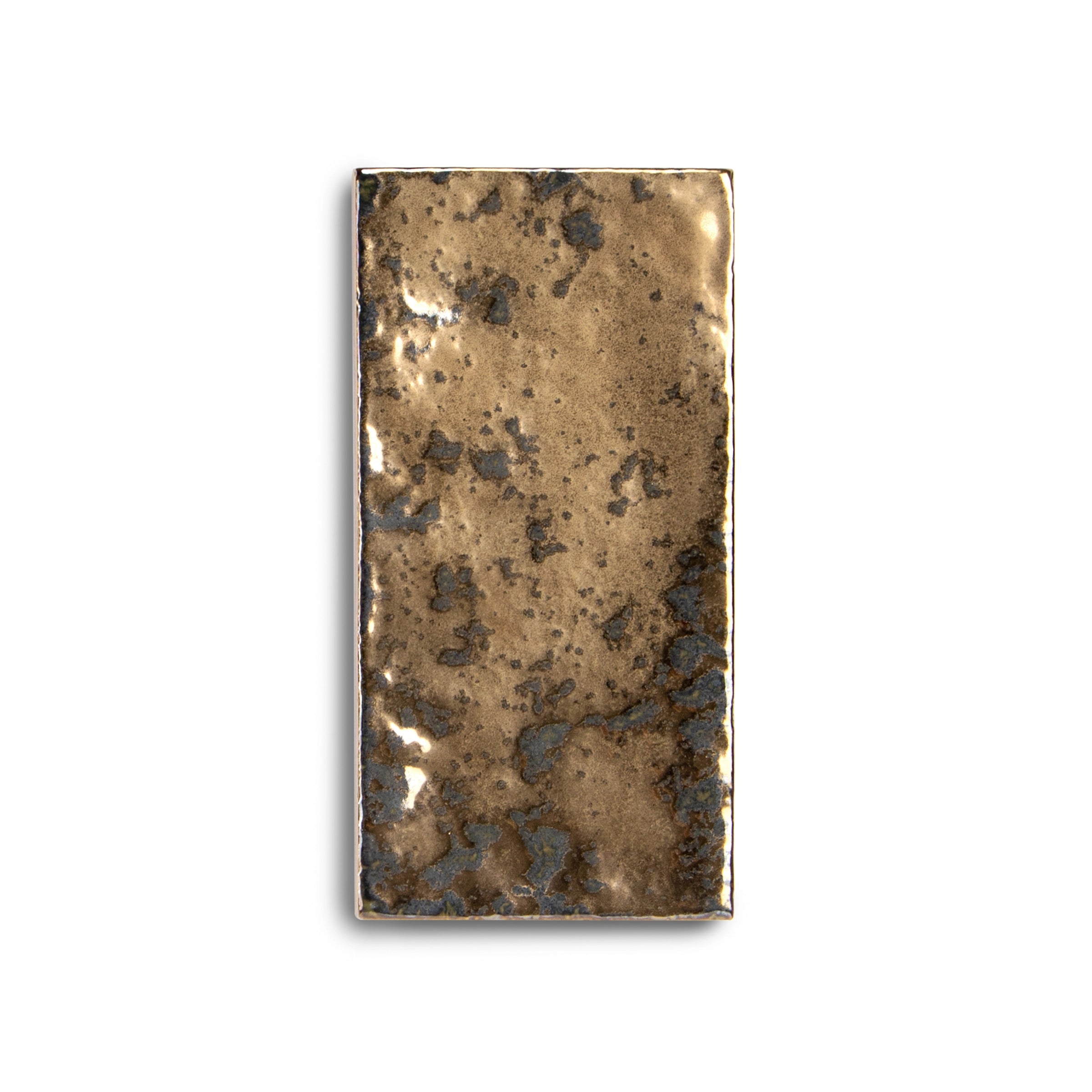 Rectangular porcelain tile in burnished bronze with an uneven reflective surface and organic textured patterns