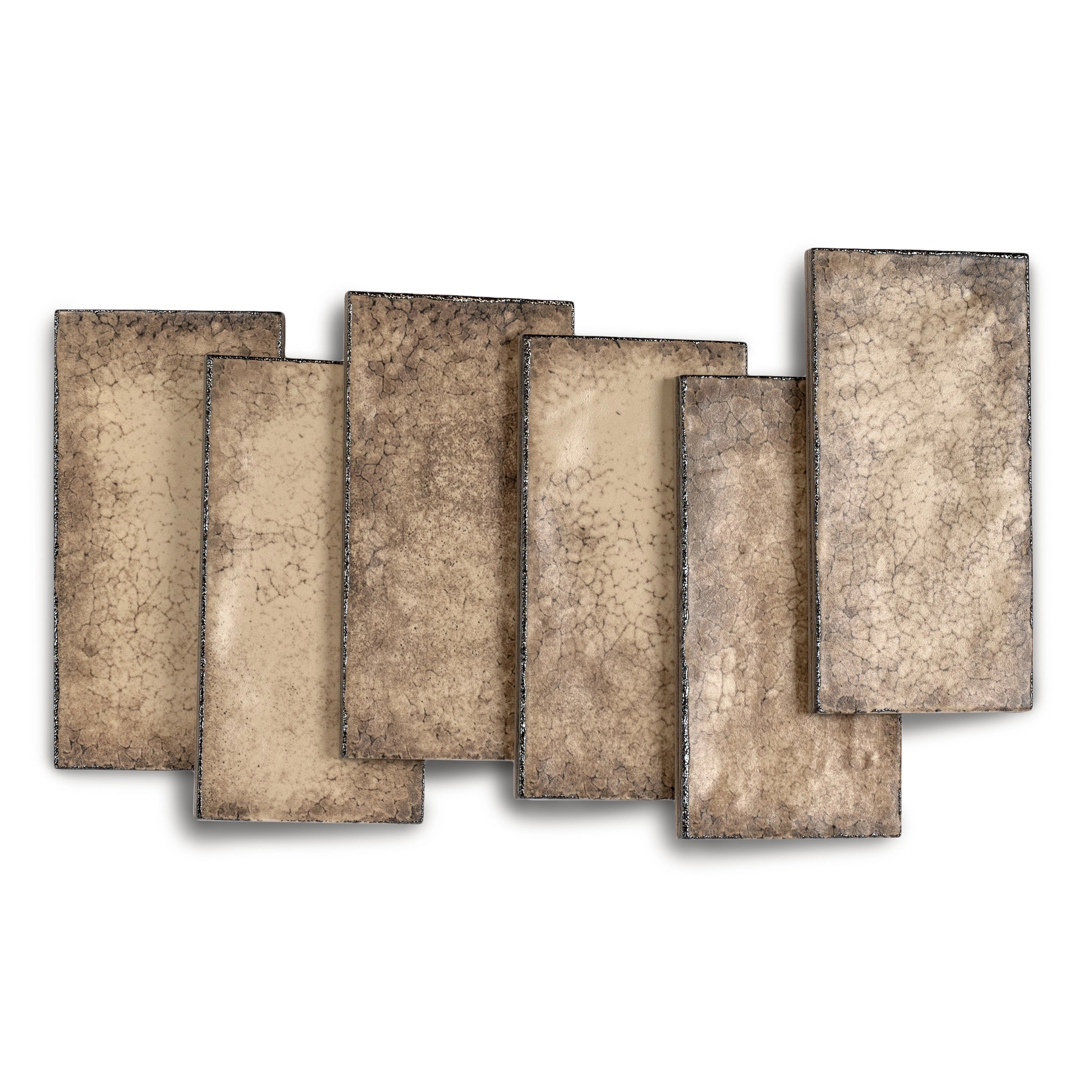 Set of six rectangular porcelain tiles in warm earthy tones with a crackled, textured surface and natural variations