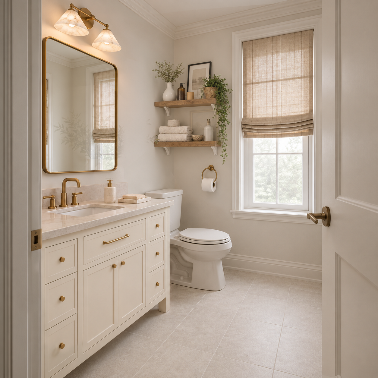 Bright bathroom with white vanity brass fixtures toilet and tiled floor