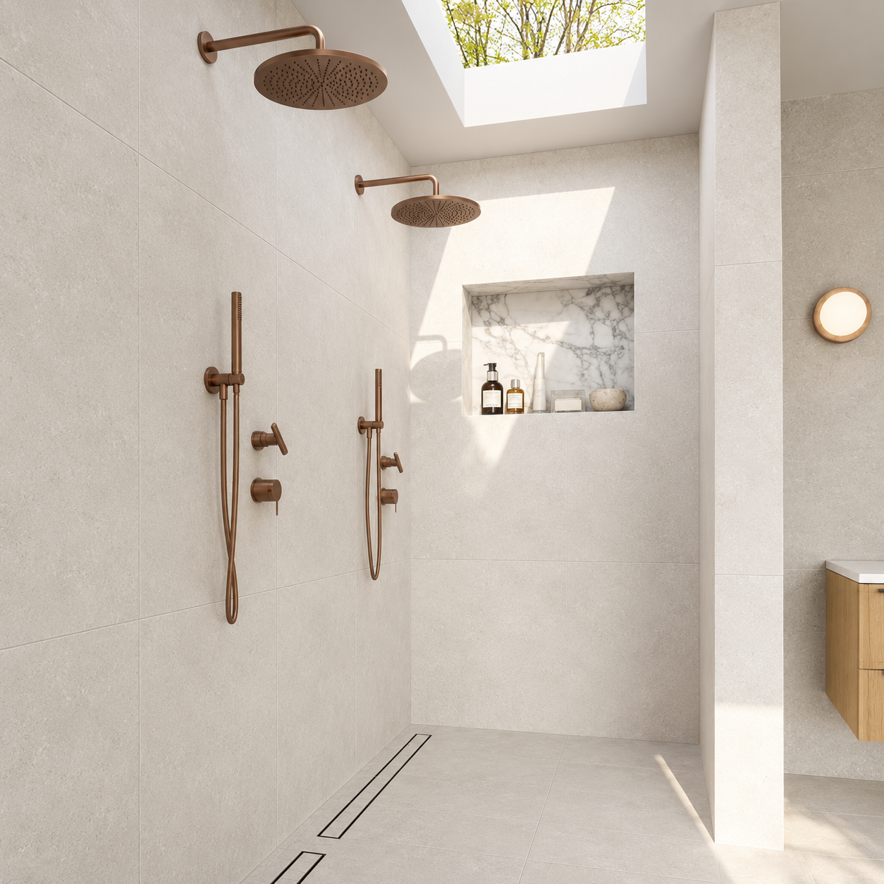 Bright walk-in bathroom with large light tiles, twin bronze showers, skylight, recessed shelf, and wood vanity.