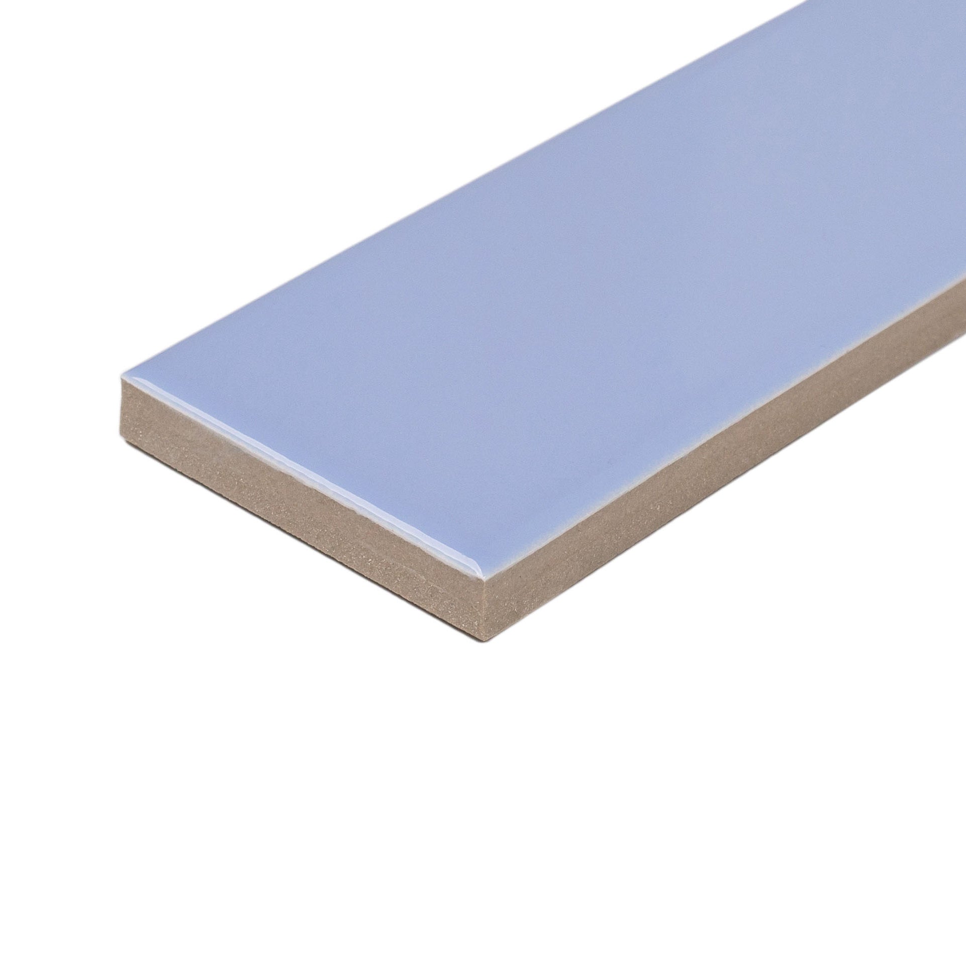 Glossy slim rectangular ceramic tile in soft sky blue with smooth surface and clean edges shown on white background