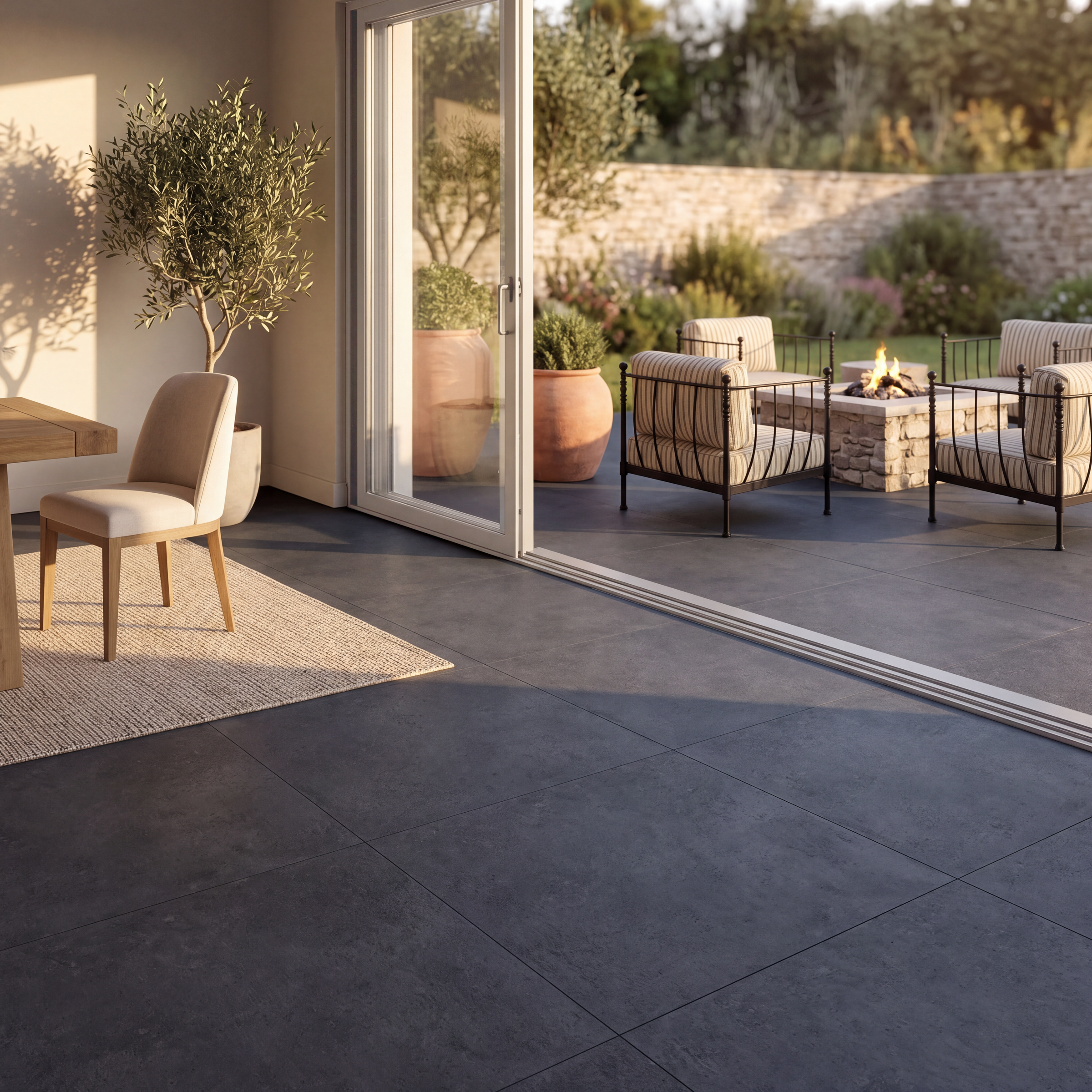 Modern interior with dark large format tiles opening to a patio with seating and a fire pit