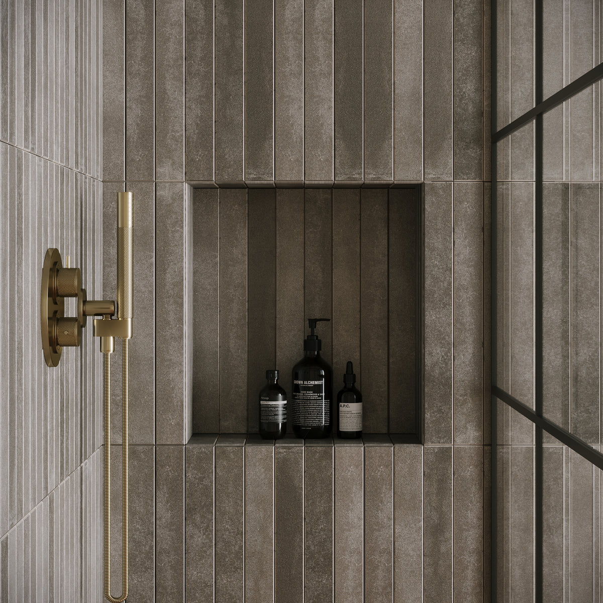 Smoke Matte Porcelain Tile in gray and black tones with raw cement texture from Small Format Tiles and Linea Porcelain Tiles collections