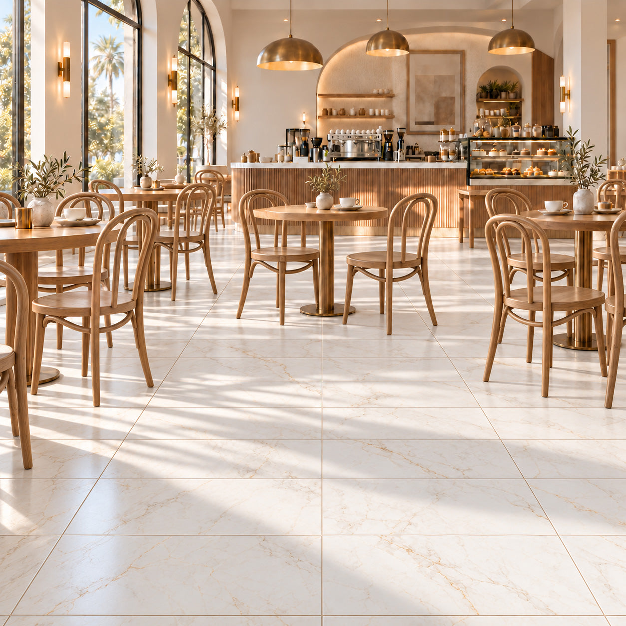 Bright cafe interior with wooden tables and chairs over white marble effect tiled flooring