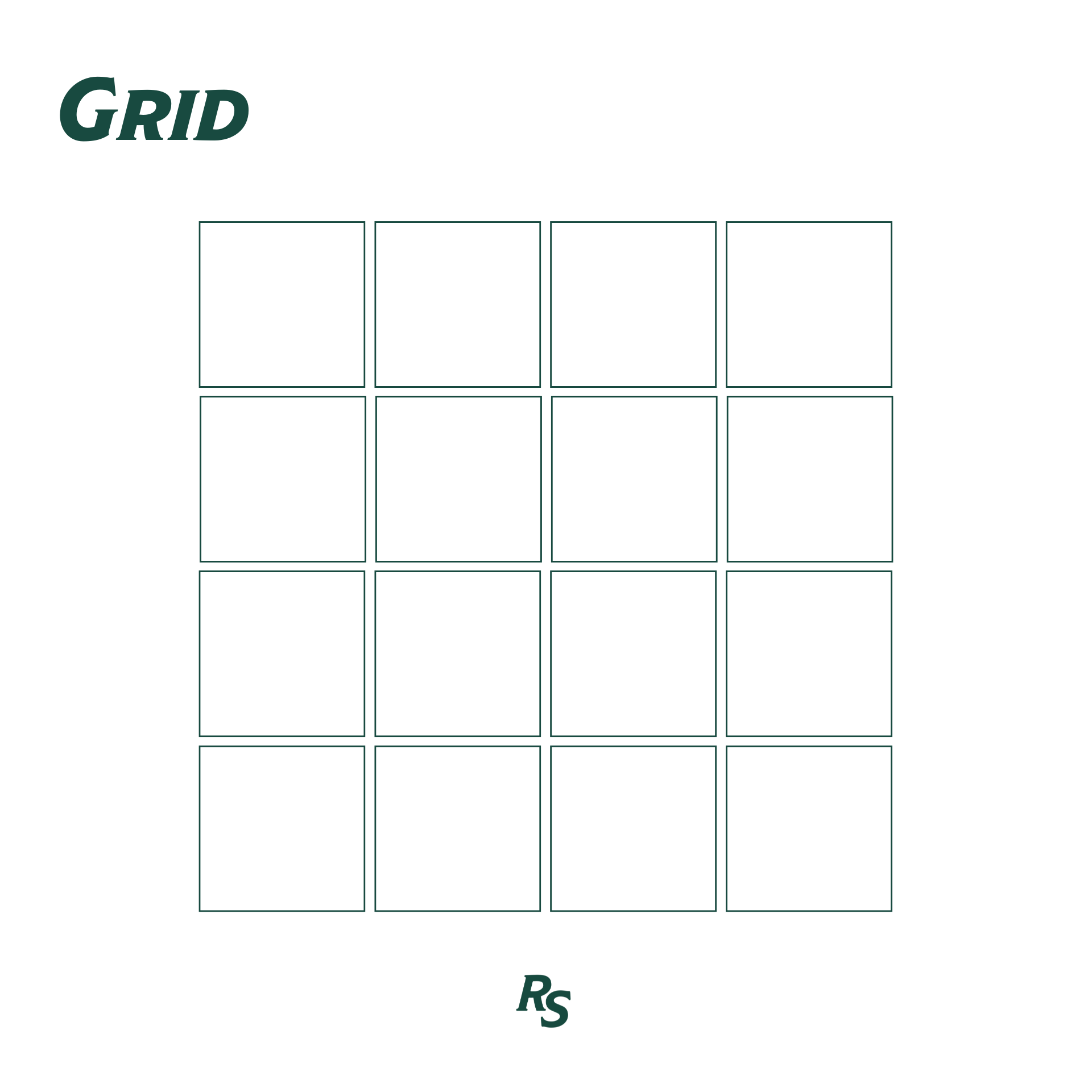 Minimalist graphic of a four-by-four grid of empty square outlines with stylized text reading grid and RS logo
