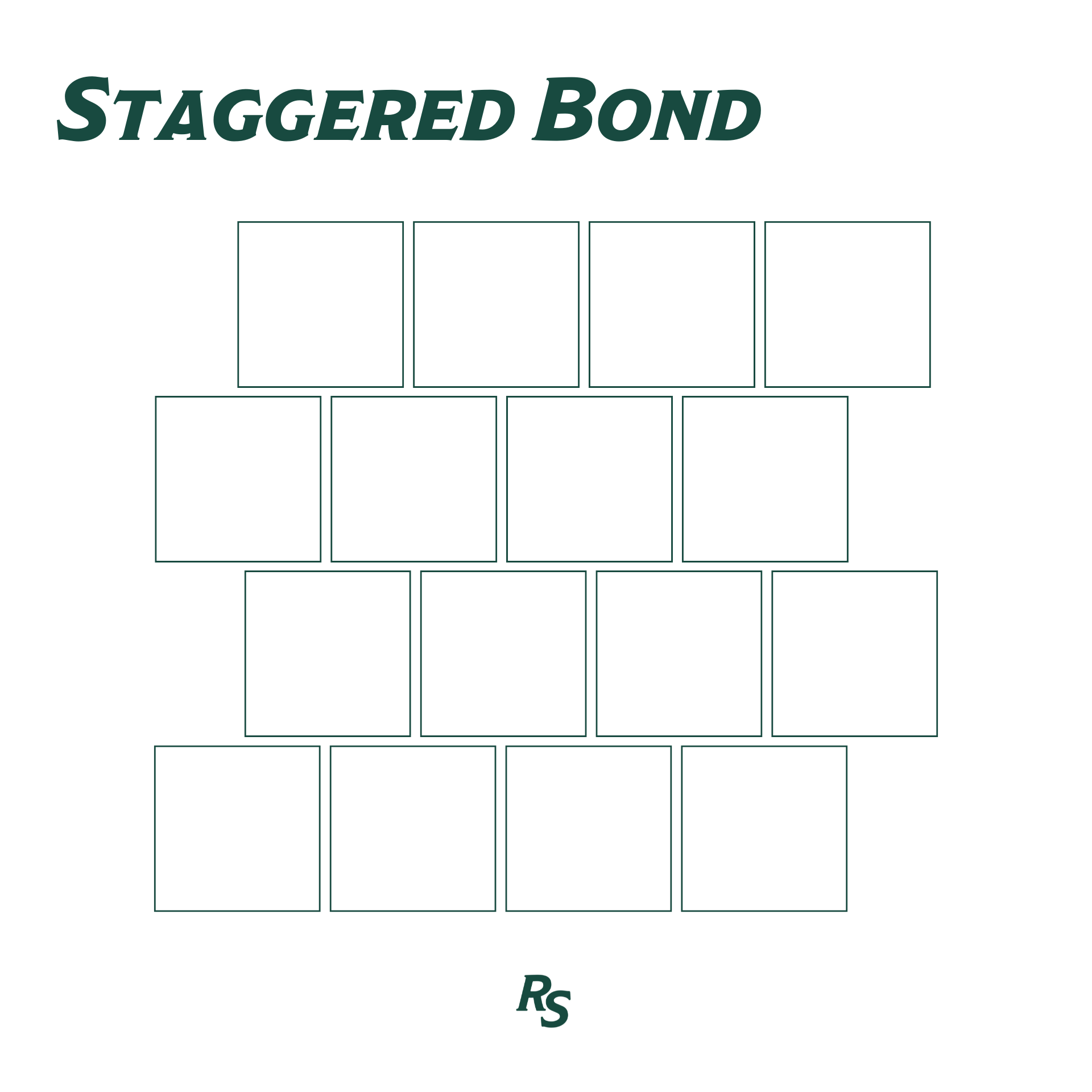 Outline diagram of staggered bond tile layout with four rows of square tiles and stylized text above and below.