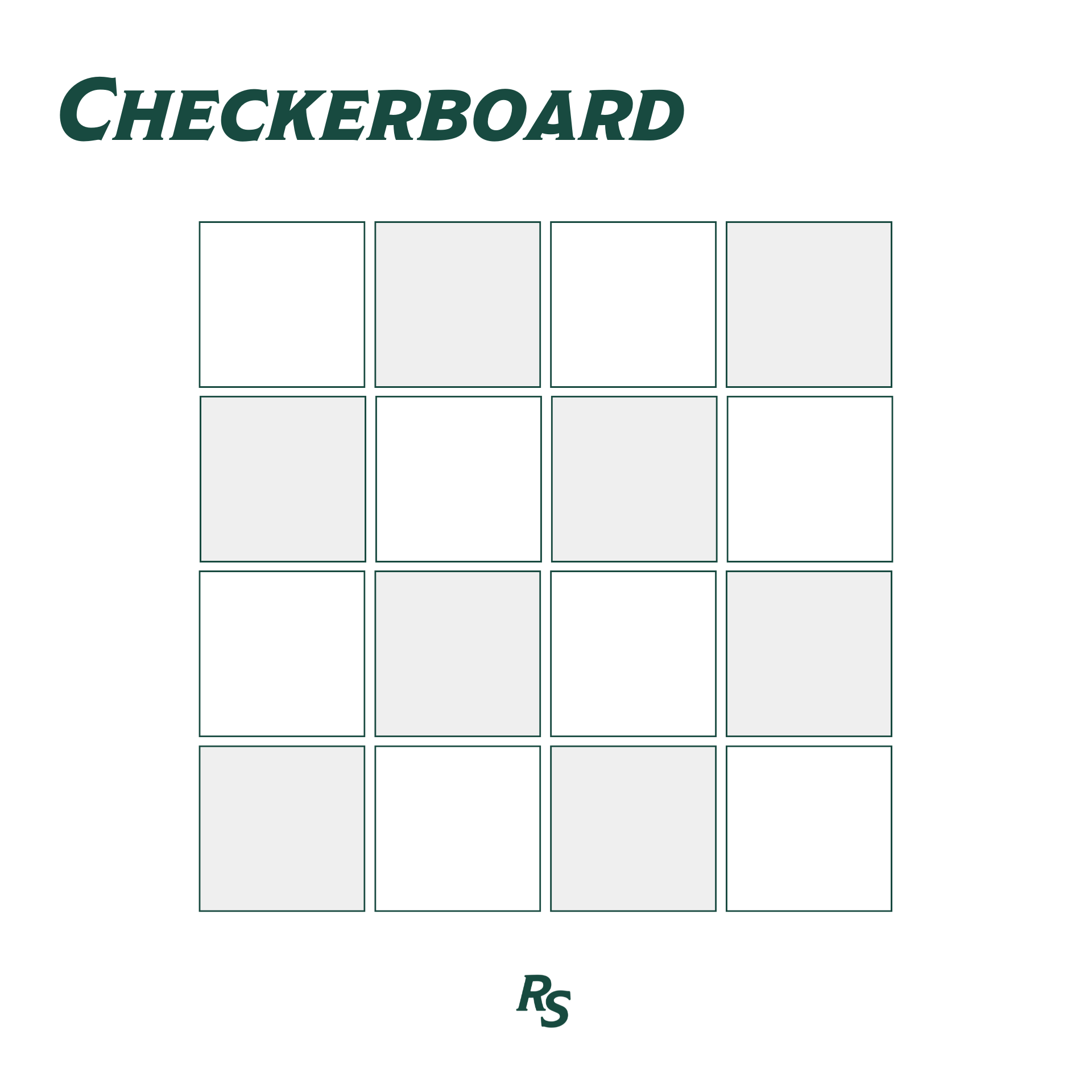 Graphic showing a checkerboard pattern of alternating light and white square tiles with stylized text above and RS logo below