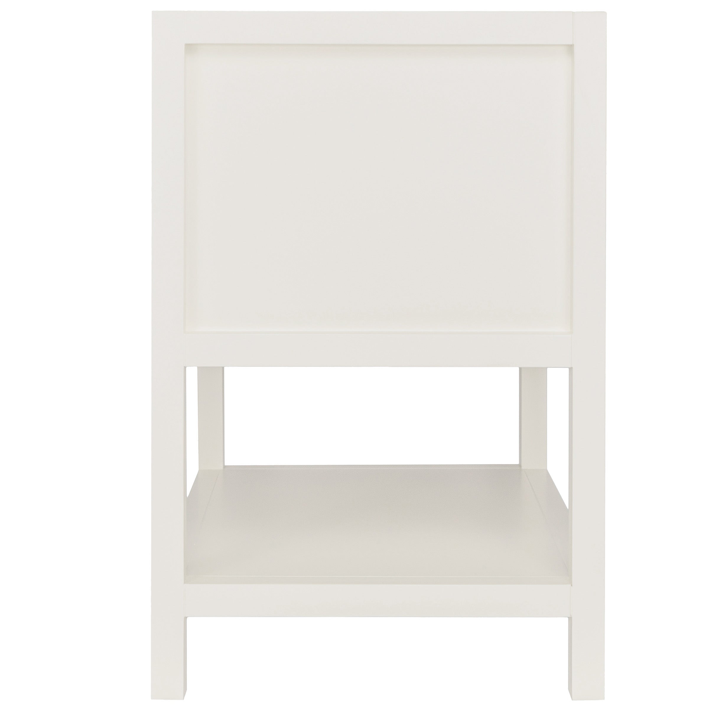 Front view of a simple white wooden side table with an open lower shelf and clean, straight lines design