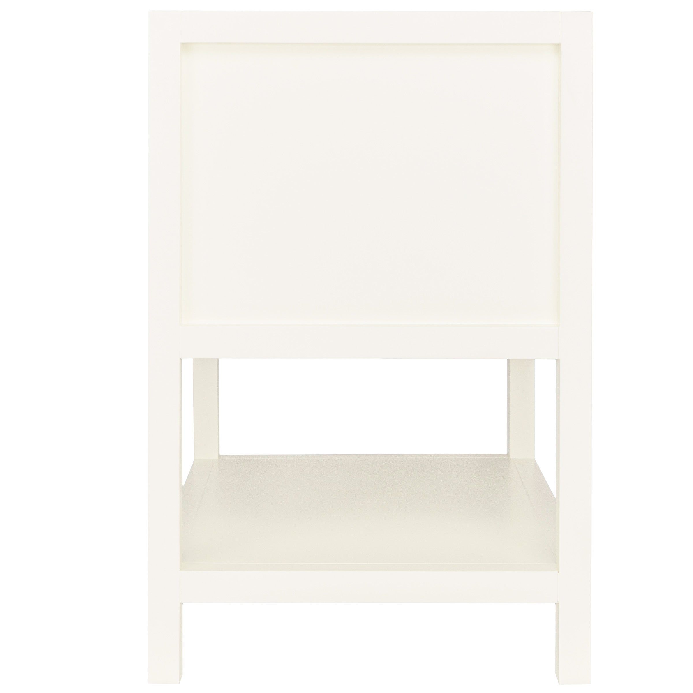 Minimalist white wooden bedside table with open lower shelf and simple rectangular design