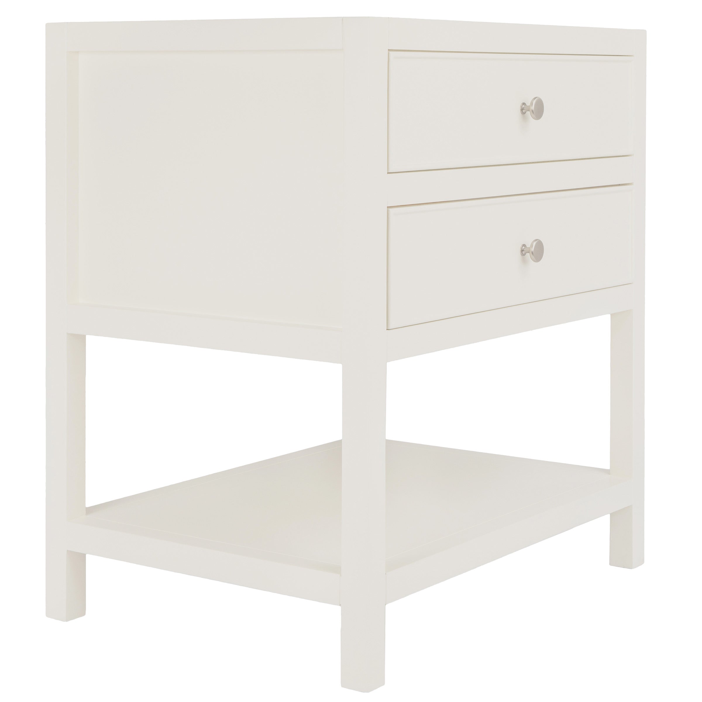 Angled view of a white wooden side cabinet with two drawers and an open lower shelf featuring round metal knobs