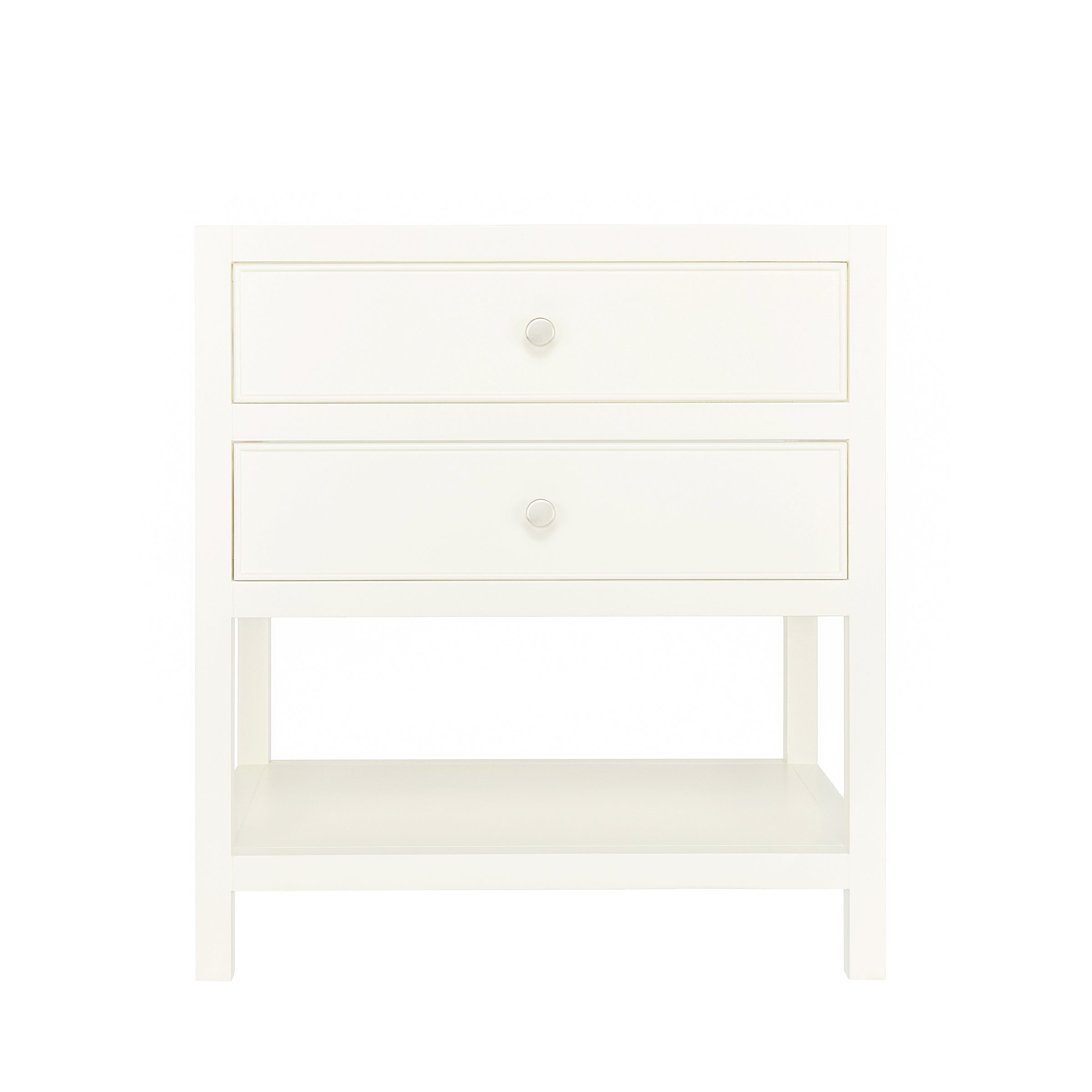 The Sunday Bathroom Vanity in white with dovetail drawers, open lower shelf, round knobs, and a leg-mounted frame design