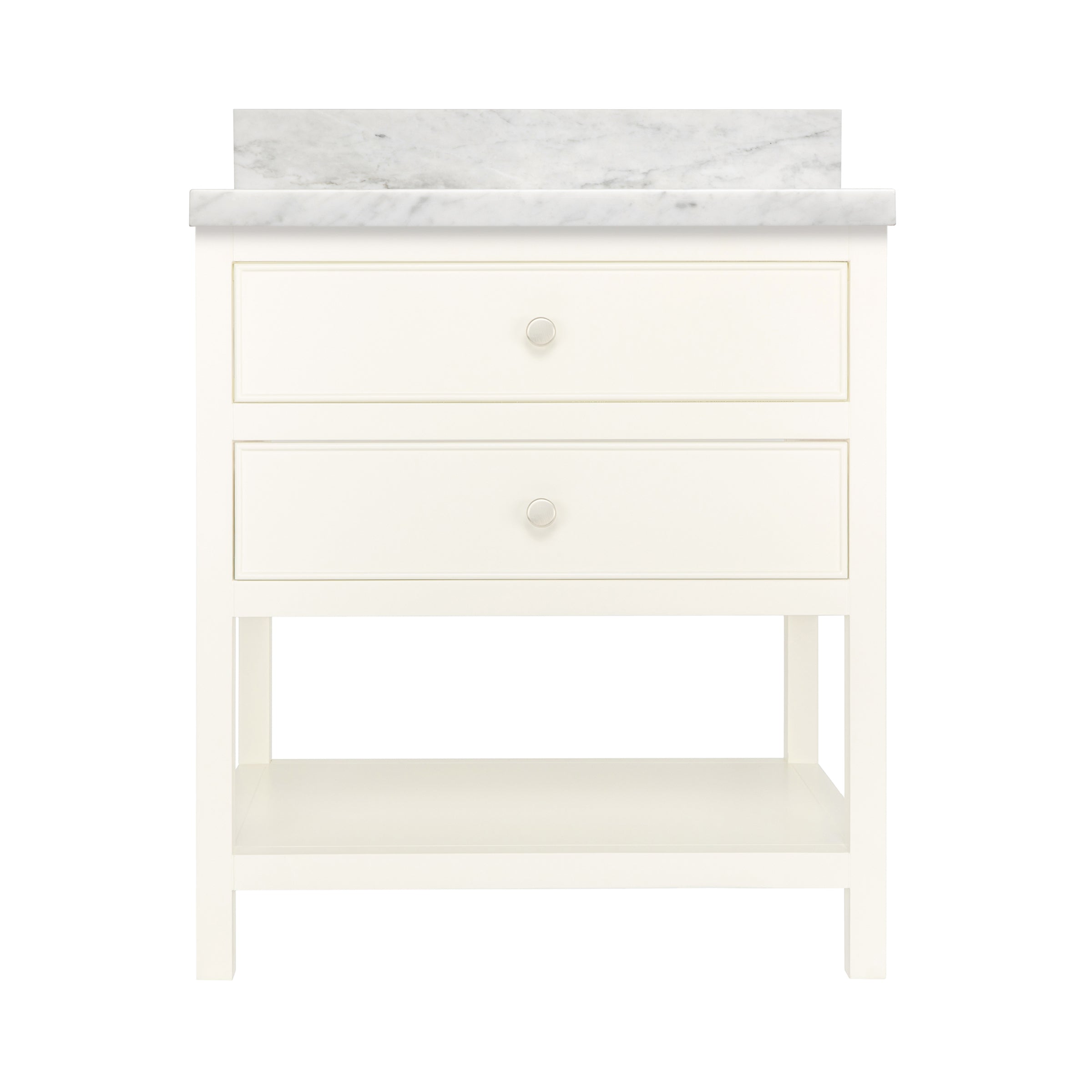 The Sunday Bathroom Vanity in white with two drawers, open lower shelf, and marble look top