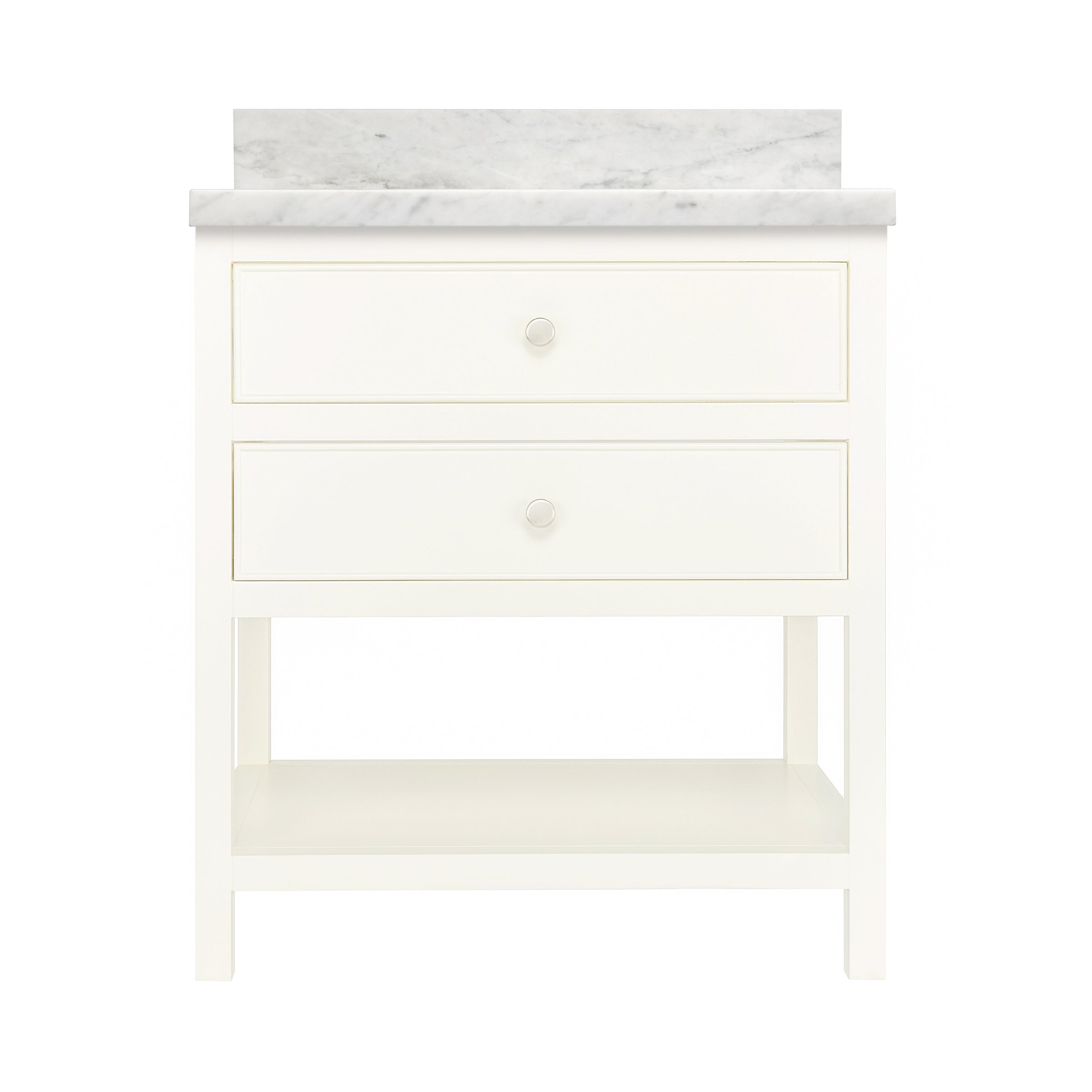 The Sunday Bathroom Vanity in white with marble top, open lower shelf, two drawers, and round knobs, GREY collection.