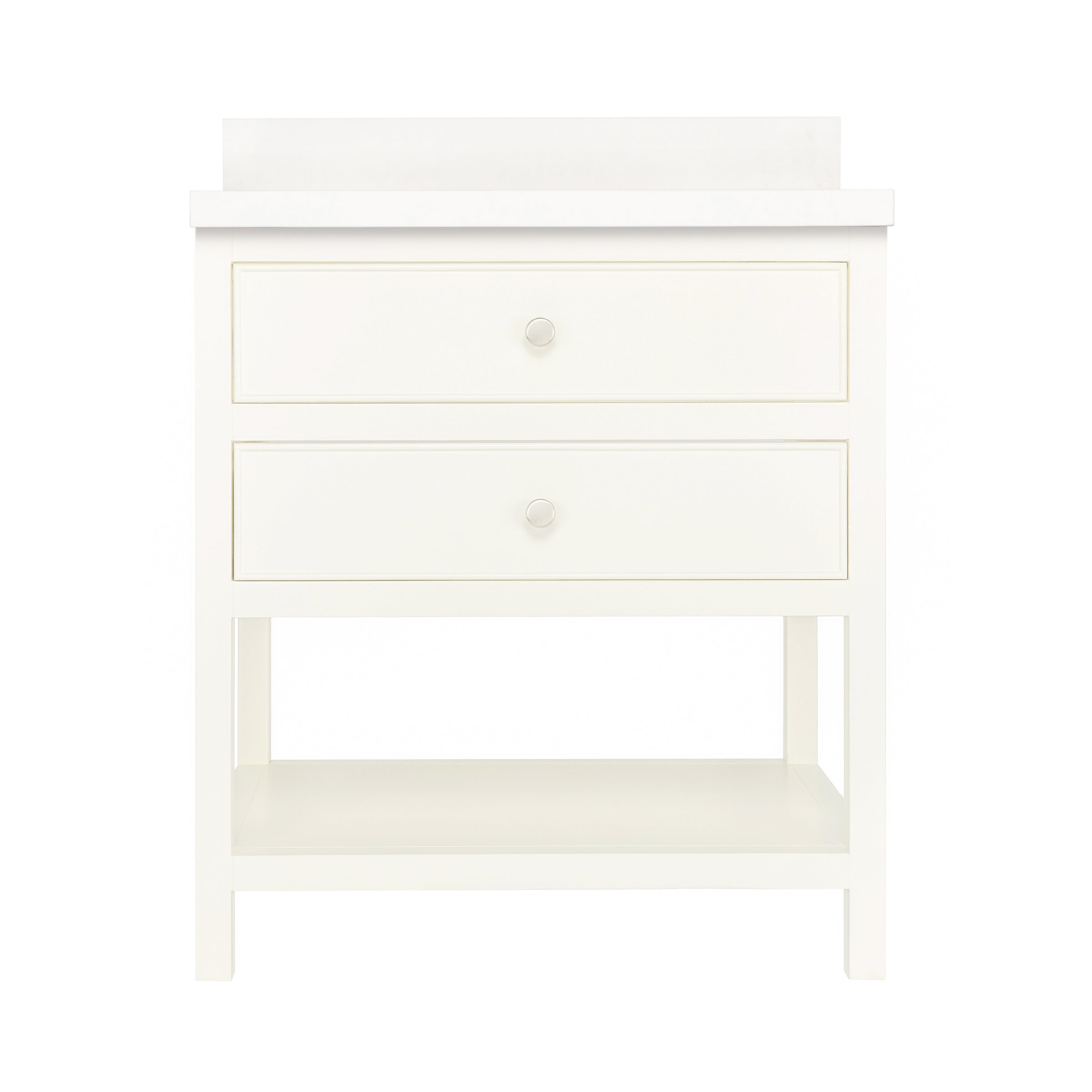 The Sunday Bathroom Vanity in white with two drawers and an open lower shelf, minimalist design for bathroom vanities.