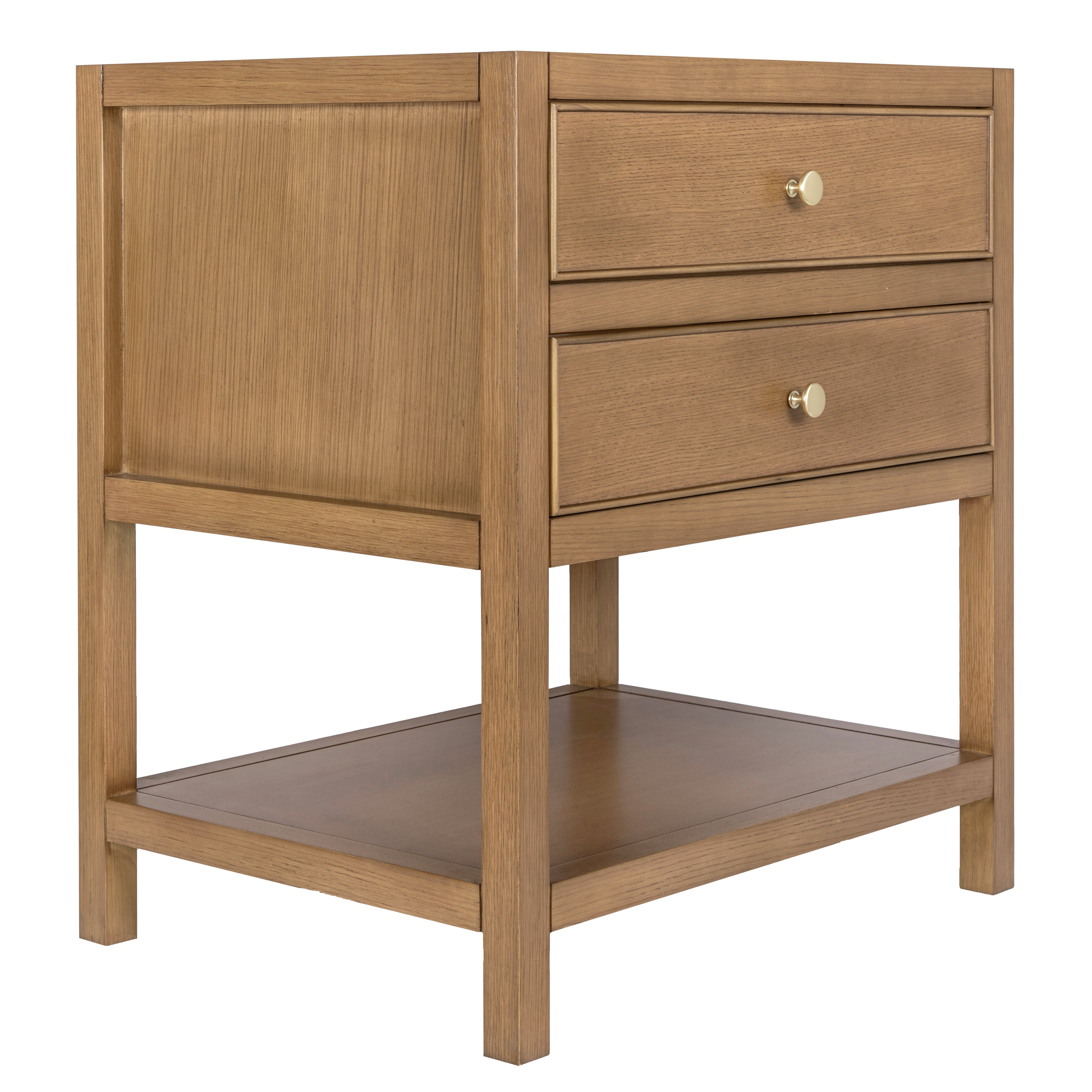 Wooden bedside table with two drawers and an open lower shelf, featuring brass knobs and a natural finish.