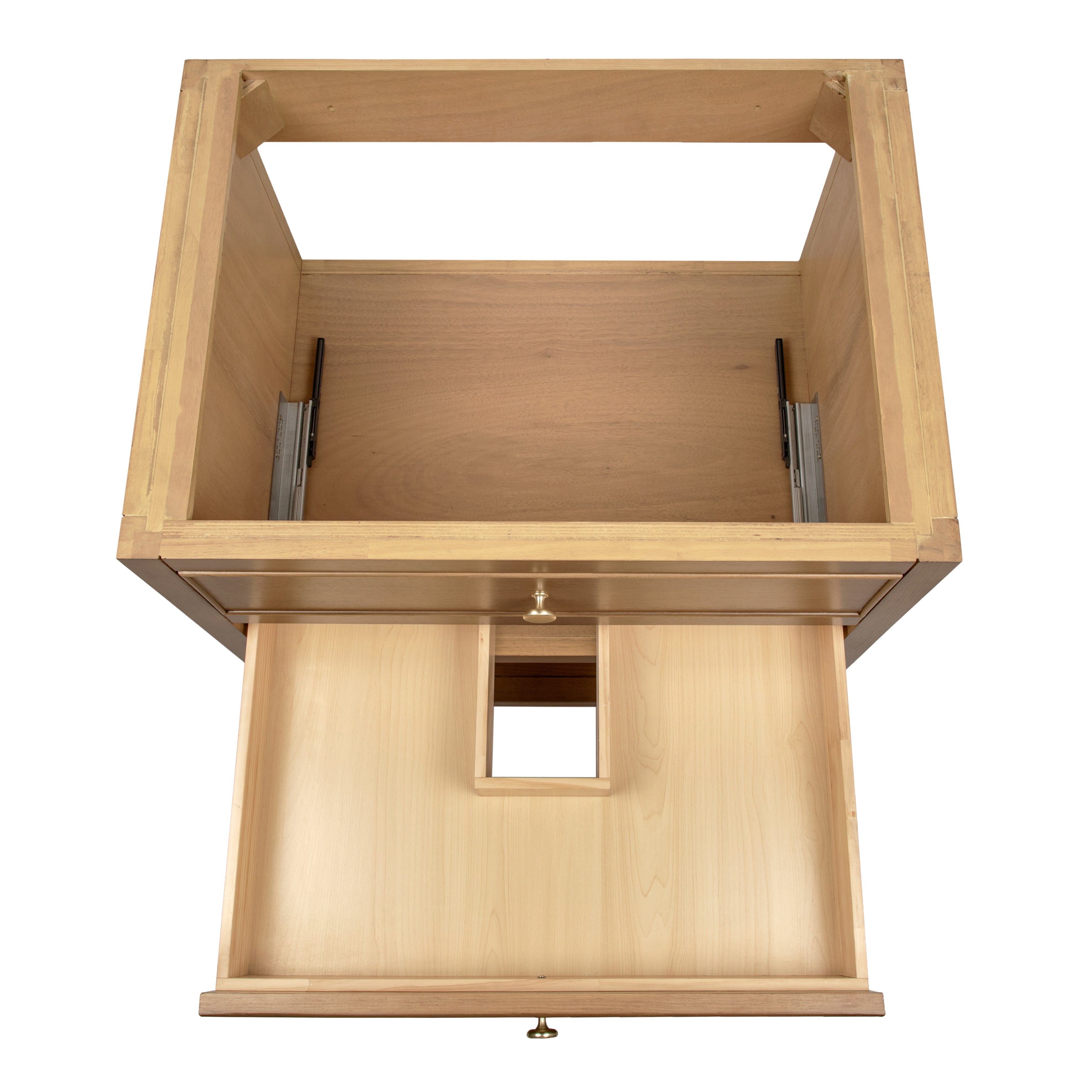 Empty wooden cabinet frame with an open drawer featuring a central cutout, viewed from above.