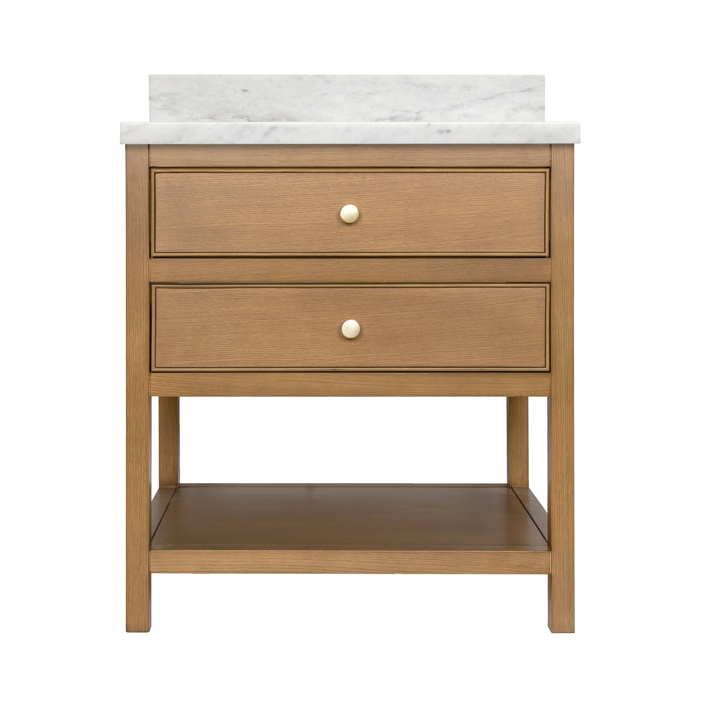The Sunday Bathroom Vanity with dovetail drawers, open lower shelf, round knobs, in a taupe wood finish with marble top