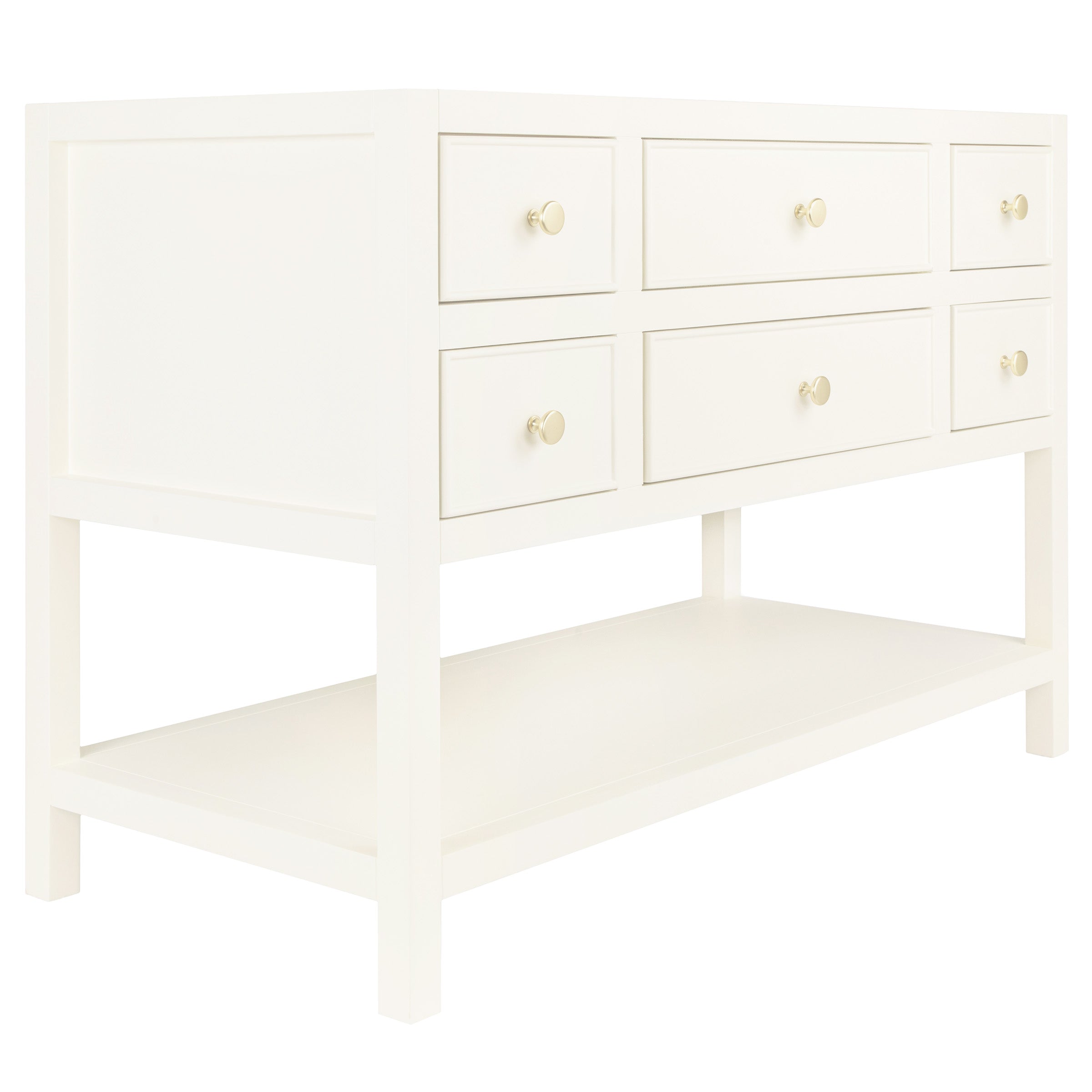 White wooden sideboard with six drawers and lower open shelf, featuring simple round knobs and clean lines