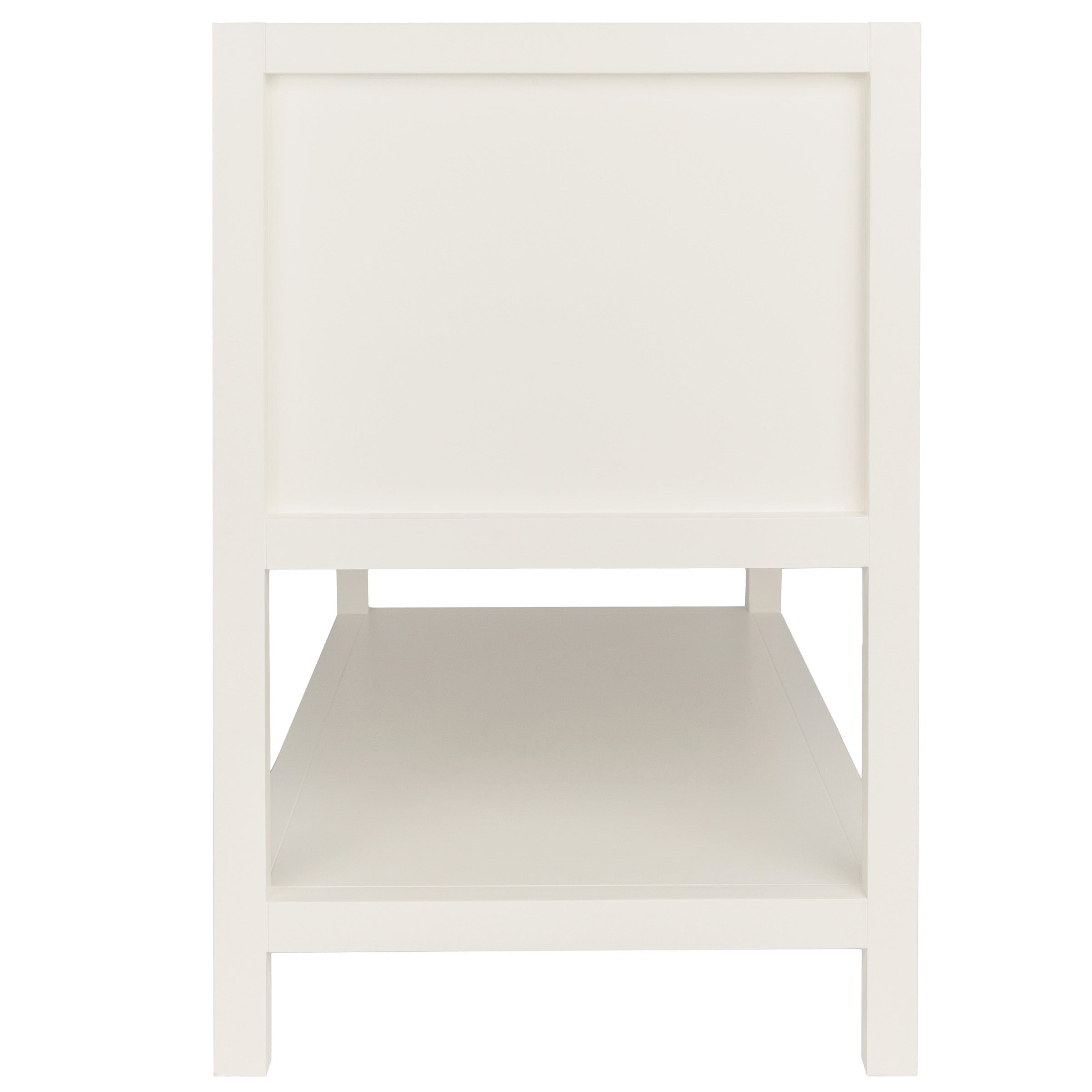 Straight-on view of a white minimalist wooden vanity with an open lower shelf and clean rectangular design.