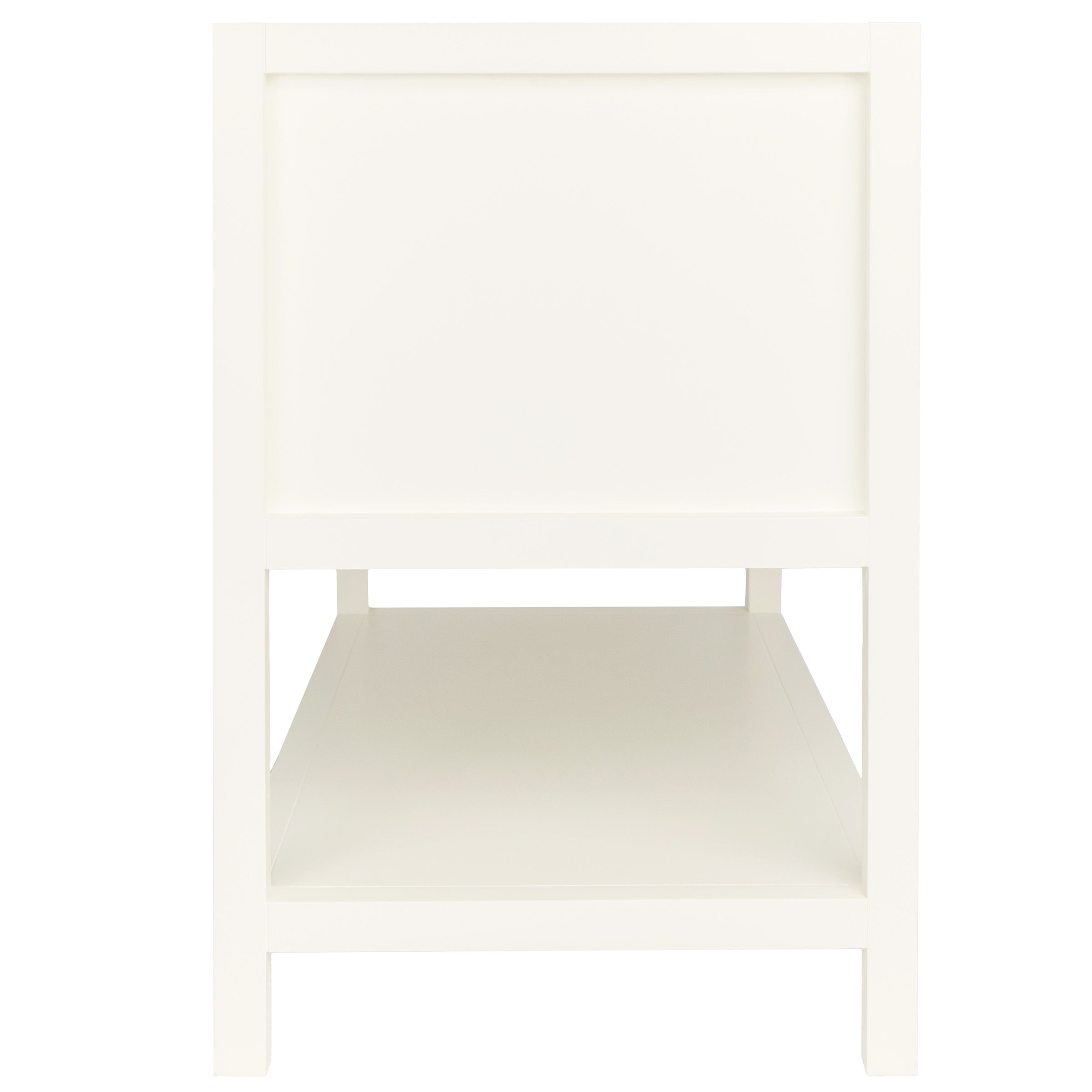 Minimalist white wooden side table with an open lower shelf against a white background