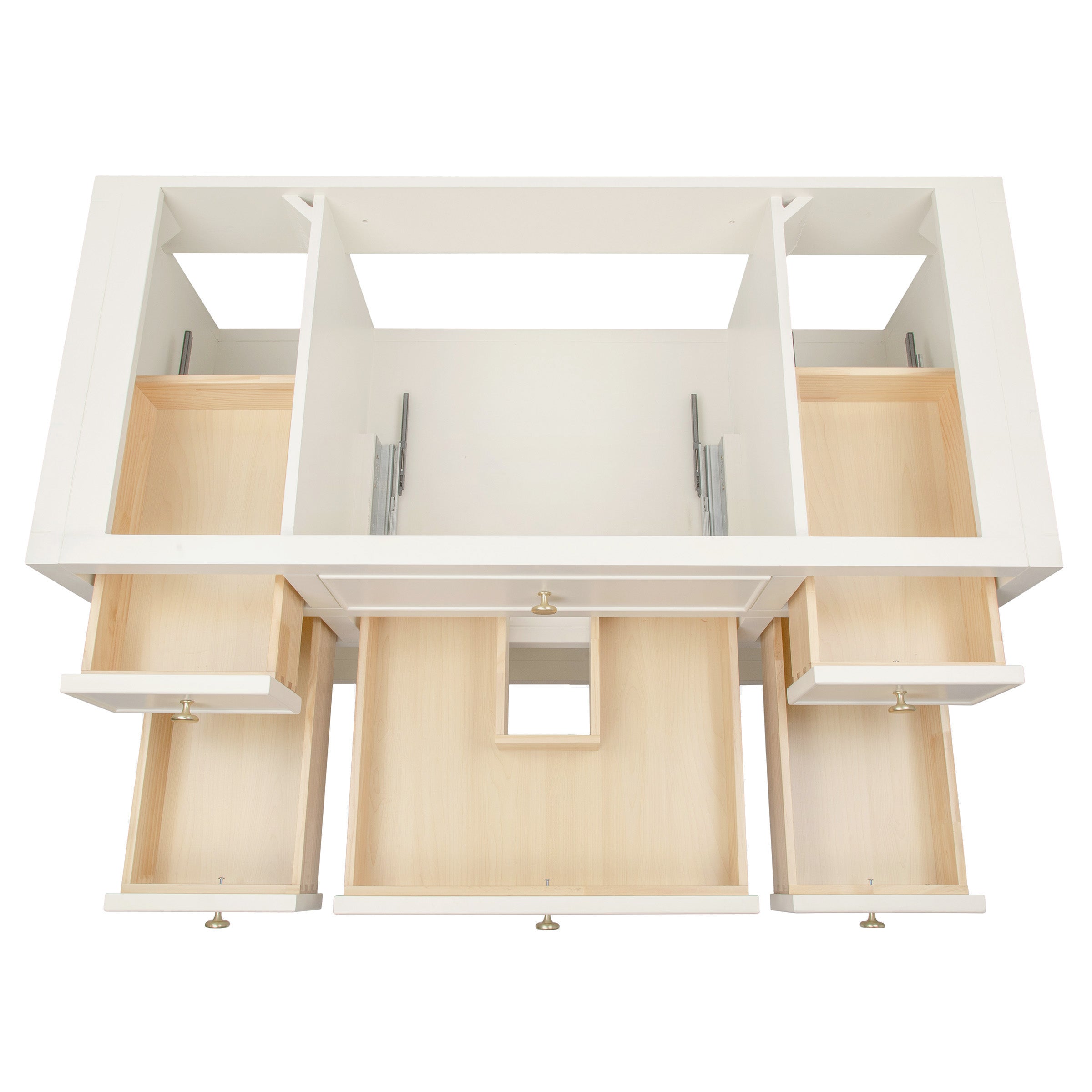 Top view of a white wooden vanity frame with multiple open compartments and six natural wood drawers partially extended